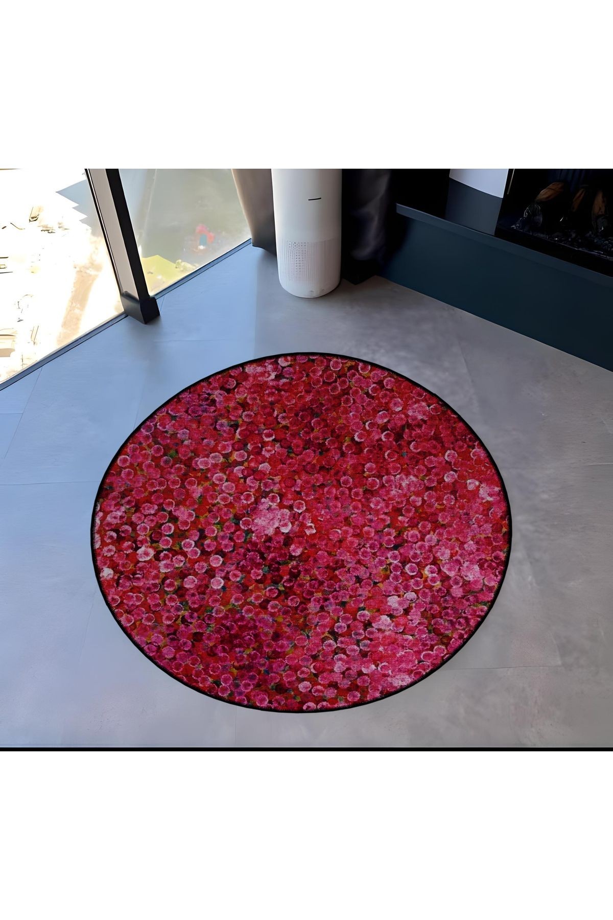 Koyu Pembe Tema Karma Çiçek Desenli Yuvarlak Dokuma Taban Modern Dekoratif Halı 6051