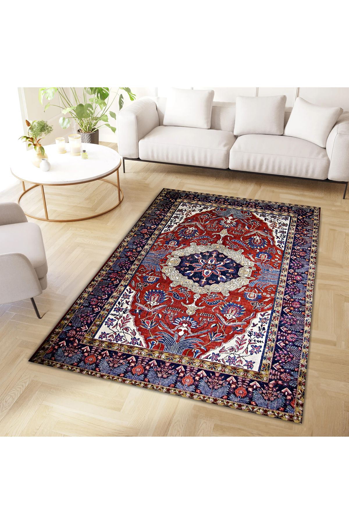 Mete Koleksiyonu Bordo Tema Geleneksel Motifli ve Çiçek Desenli Vintage Dekoratif Halı 10