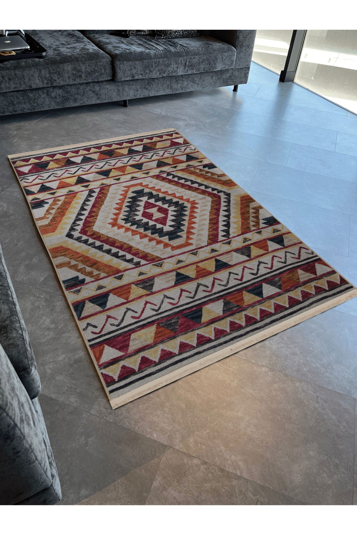 Çok Renkli Geleneksel Motif Desenli Saçaklı Vintage Dekoratif Halı 3076