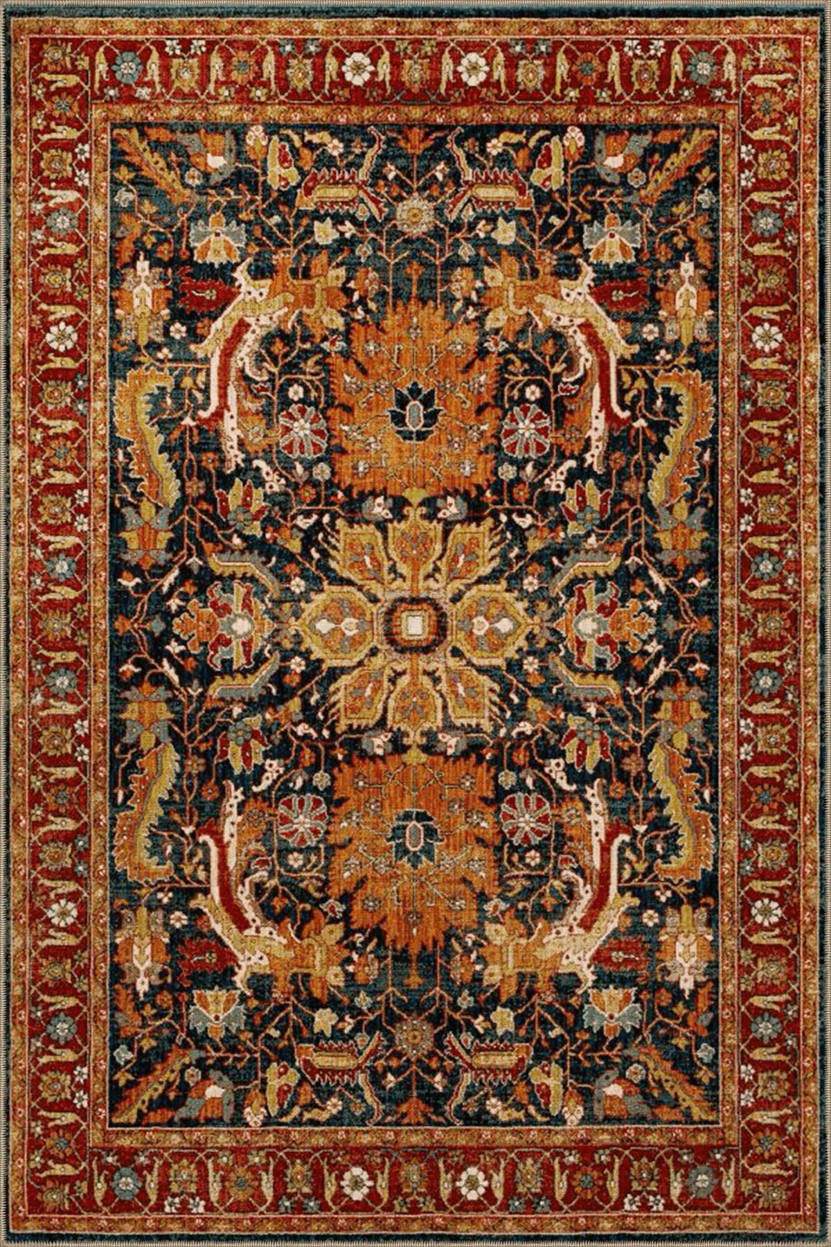 Turuncu Temalı Geleneksel Motif Etnik Desenli Vintage Dekoratif Halı 3912