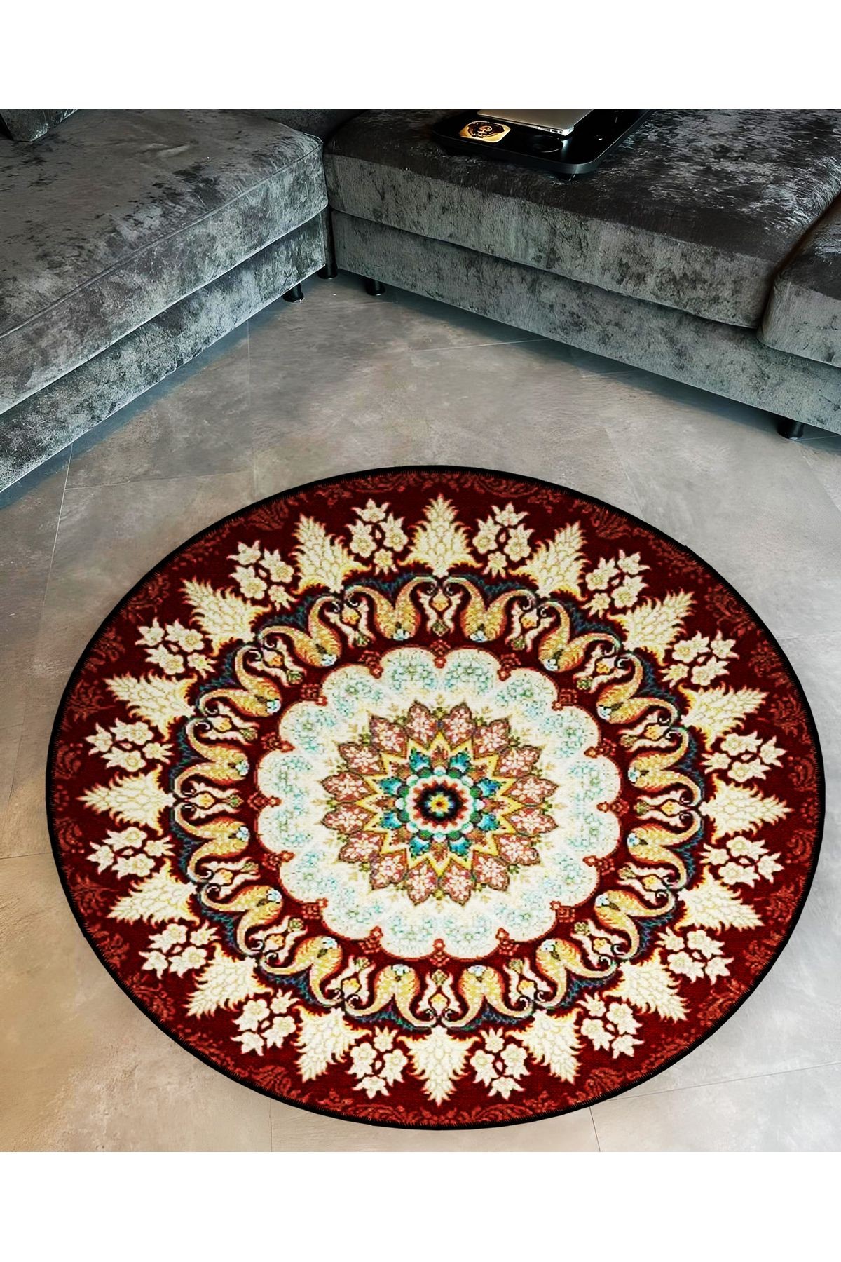 Mira Yuvarlak Kırmızı Bej Tonlarda Antik Desen Detaylı Dokuma Taban Modern Dekoratif Halı 5671