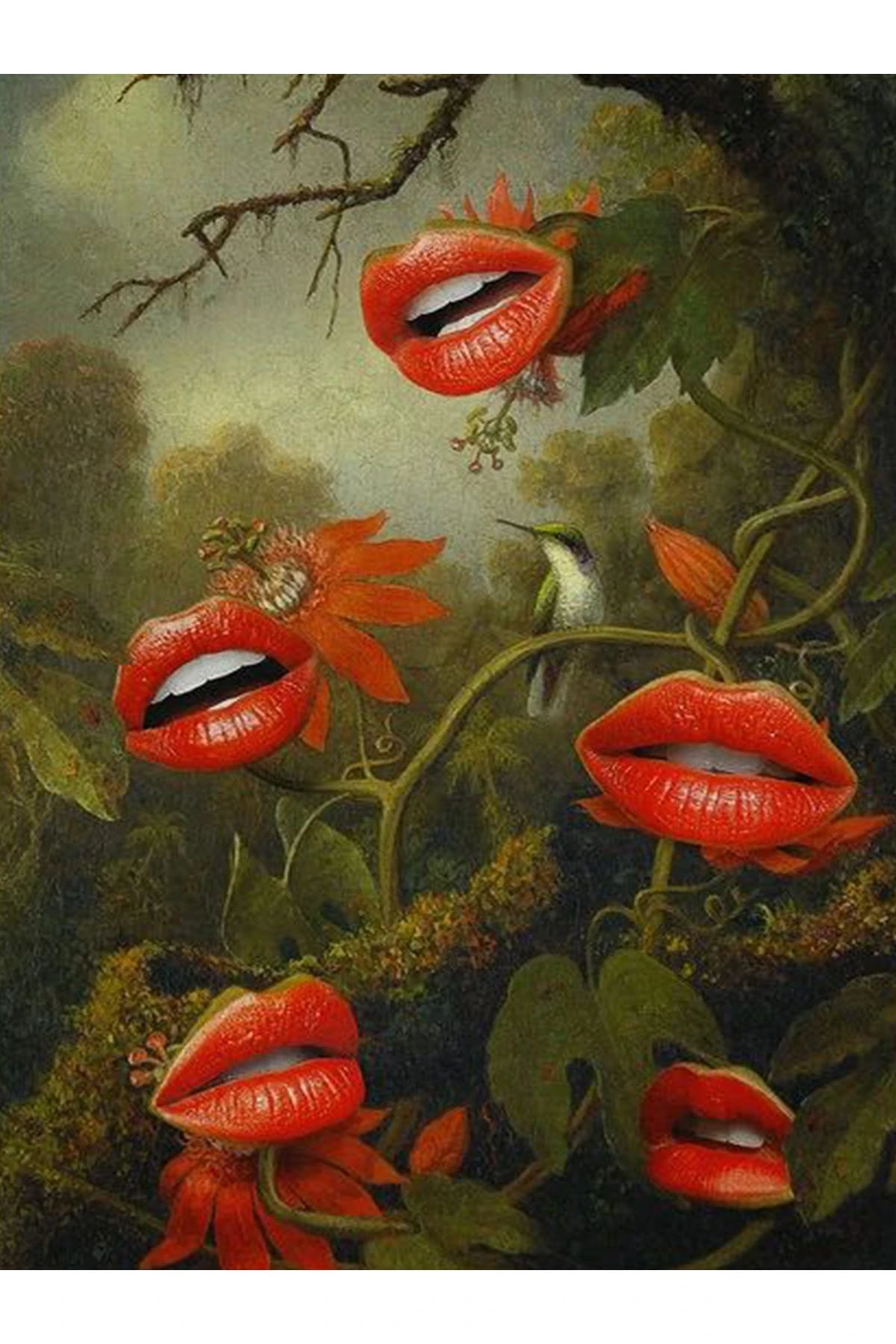 Yılmaz Koleksiyonu Yeşil ve Kırmızı Tonlar Dudak Çiçekleri ve Kuş Desenli Modern Dekoratif Halı 05