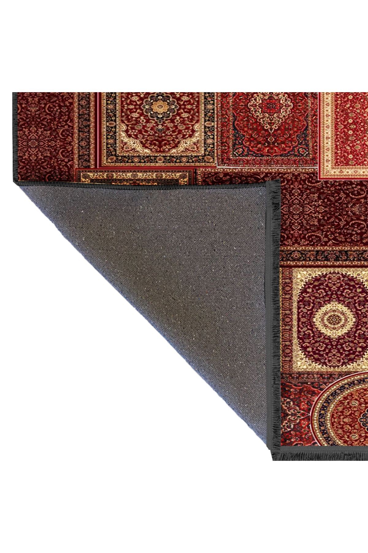 Kuvars Koleksiyonu Kırmızı Vintage Motifler Desenli Dokuma Taban Etnik Dekoratif Halı kuvars30