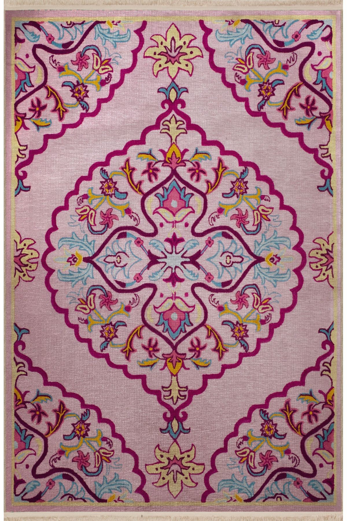 Pudra Pembe Temalı Geleneksel Motif Desenli Kreatif Vintage Dekoratif Halı 2810