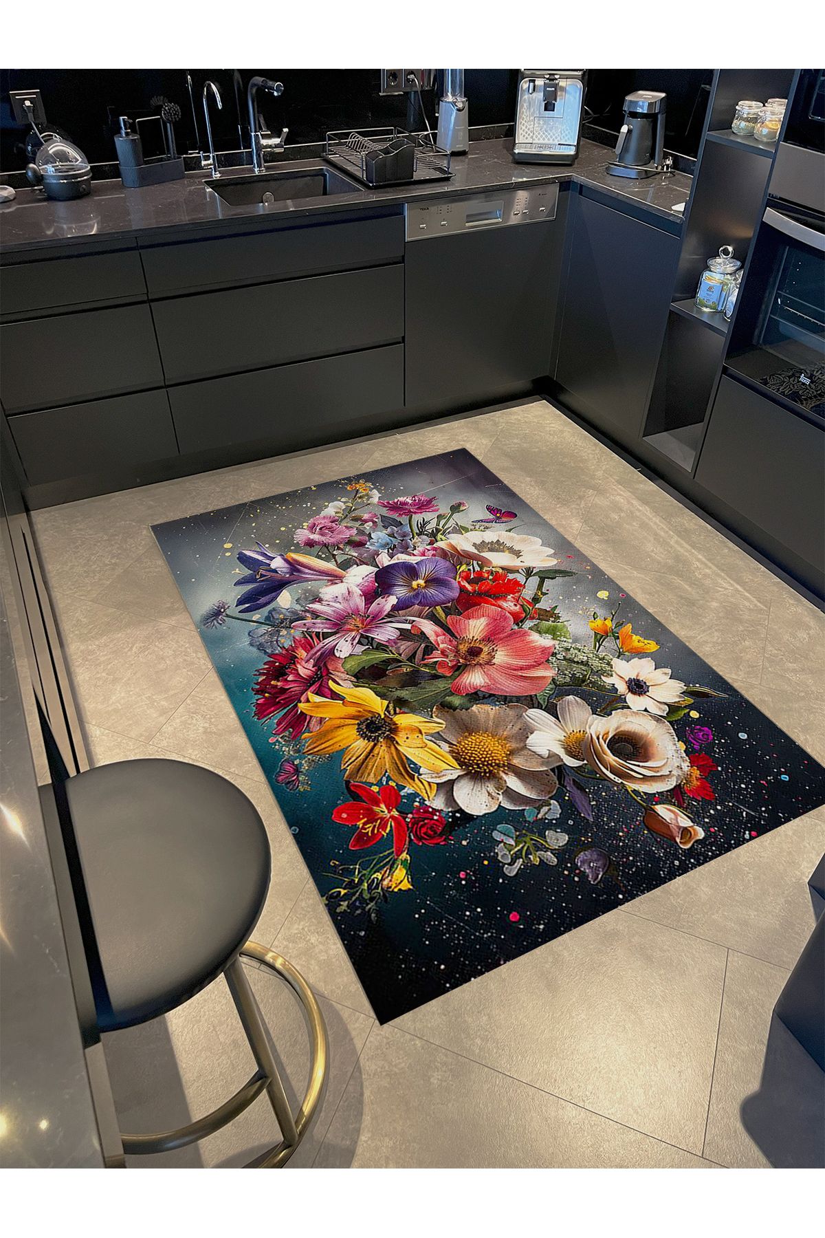 Kubilay Koleksiyonu Çok Renkli Karma Çiçekler Desenli Dokuma Taban Kreatif Modern Dekoratif Halı 36