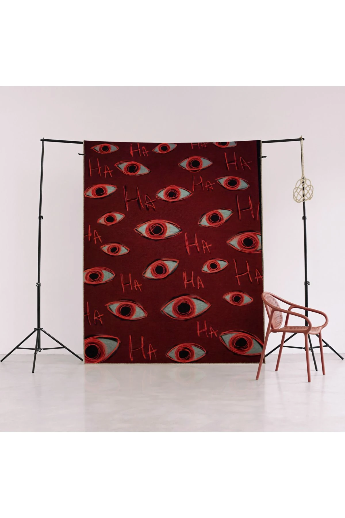 Bordo Temalı Sürrealist Göz Desenli Kreatif Modern Dekoratif Halı 2375