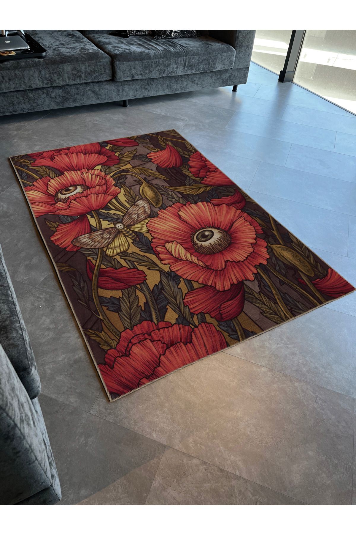 Çok Renkli Kırmızı Gül ve Göz Desenli Kreatif Modern Dekoratif Halı 2366