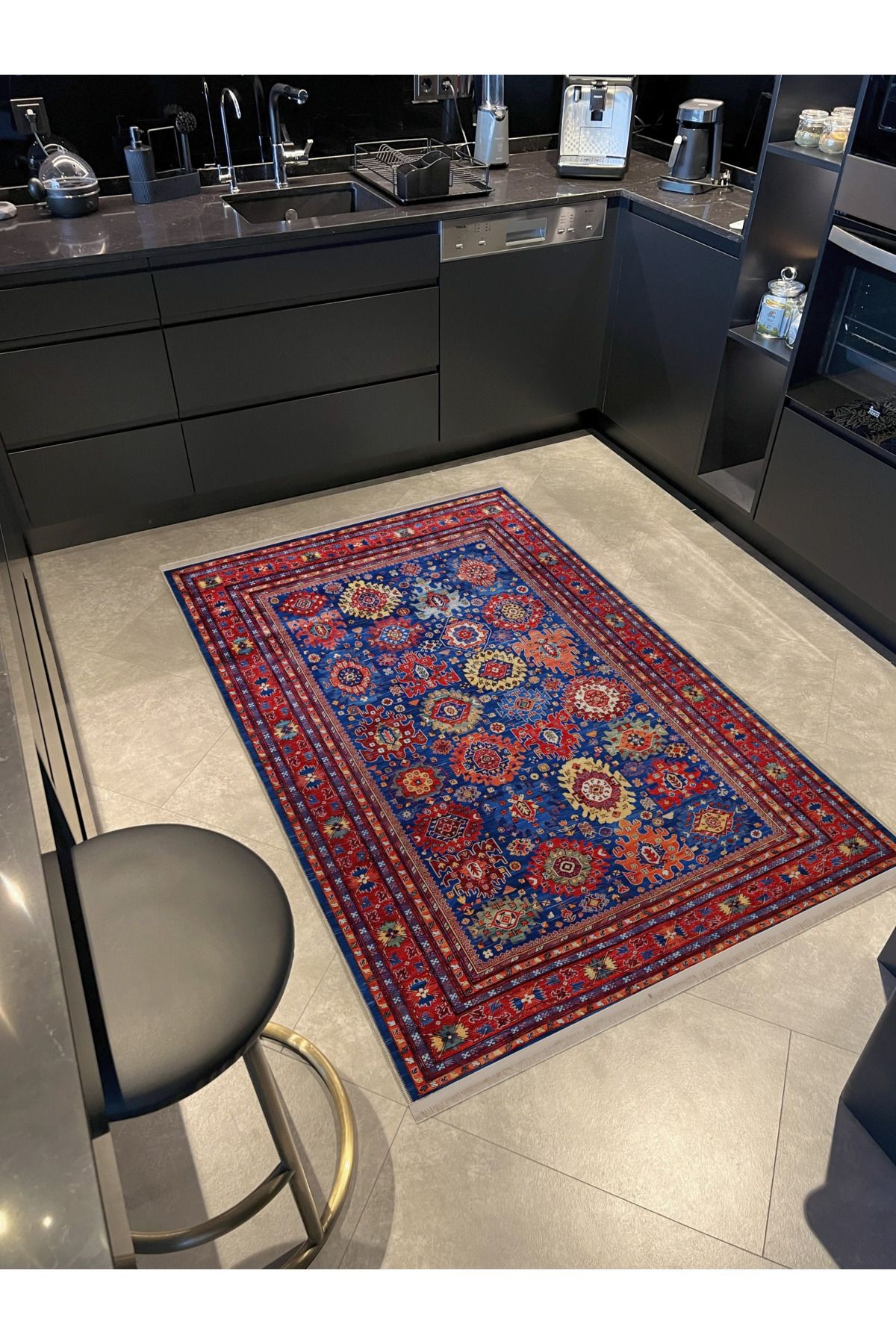 Mavi Bordo Temalı Geleneksel Motif Etnik Desenli Kreatif Vintage Dekoratif Halı 2583