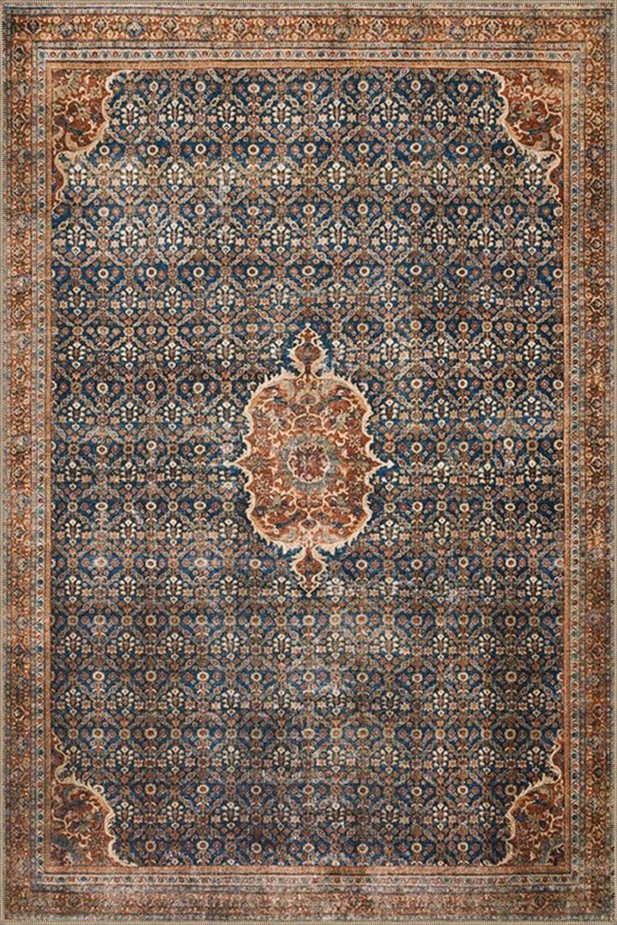 Kahverengi Lacivert Temalı Geleneksel Motif Etnik Desenli Vintage Dekoratif Halı 3908