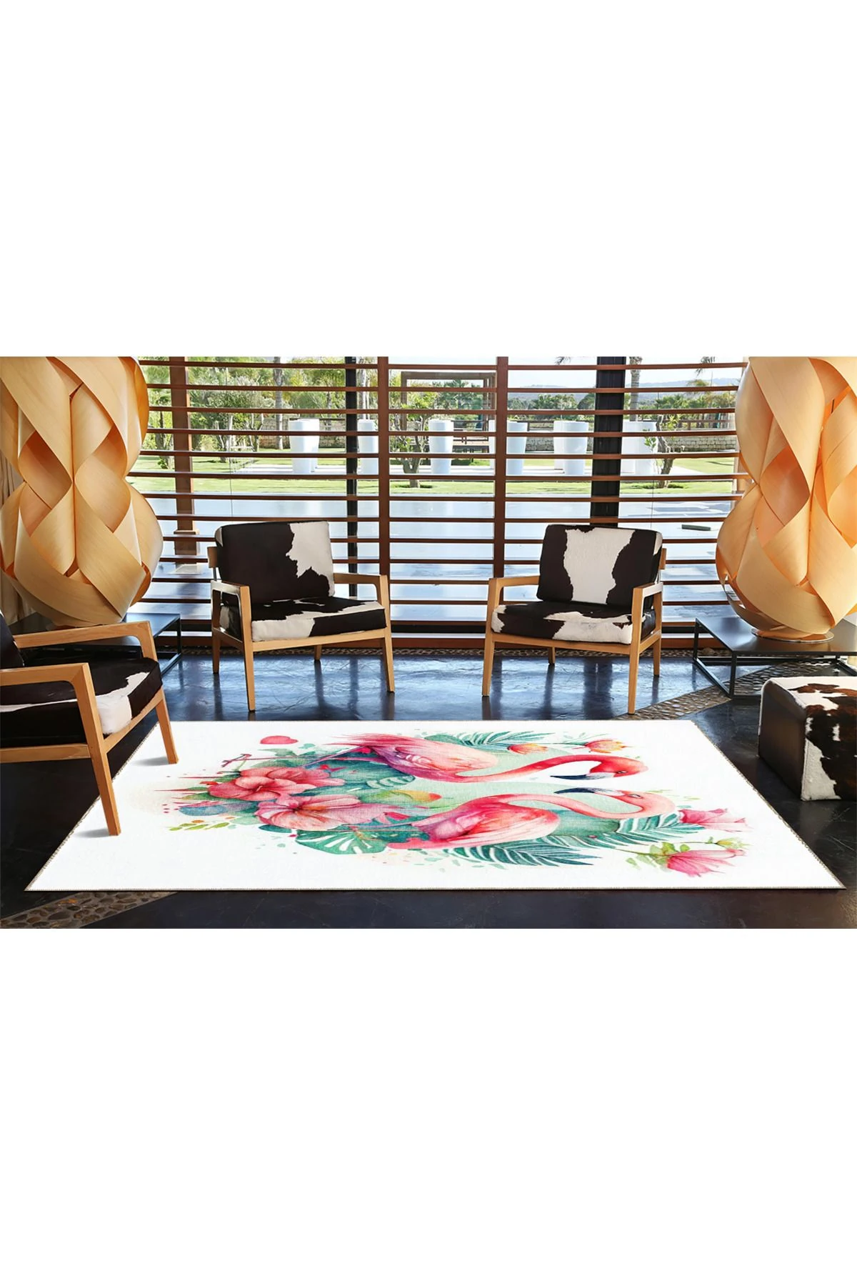 Pembe Bej Temalı Çiçek ve Flamingo Desenli Kreatif Modern Dekoratif Halı 3640