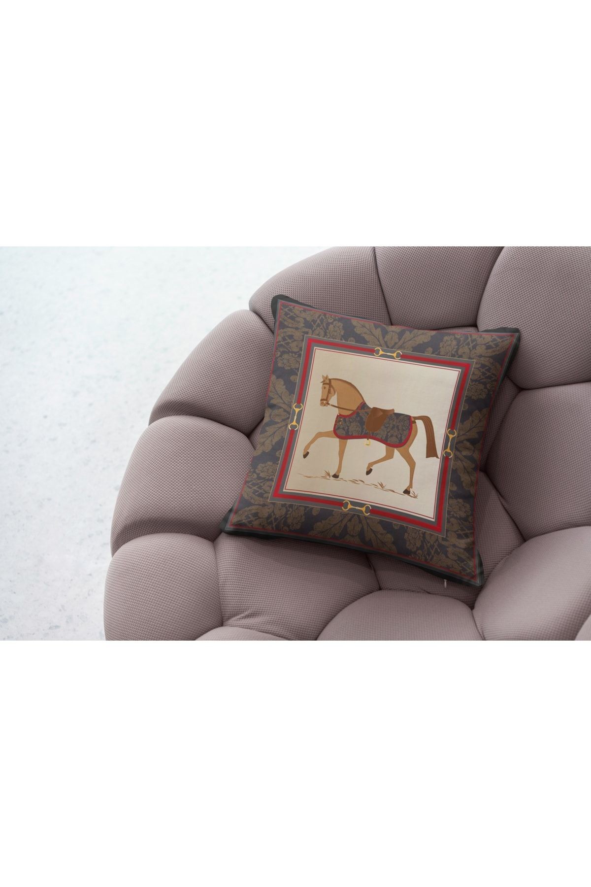 Kırlent Kahve Kırmızı At Temalı Kırlent Kılıfı Pillow56