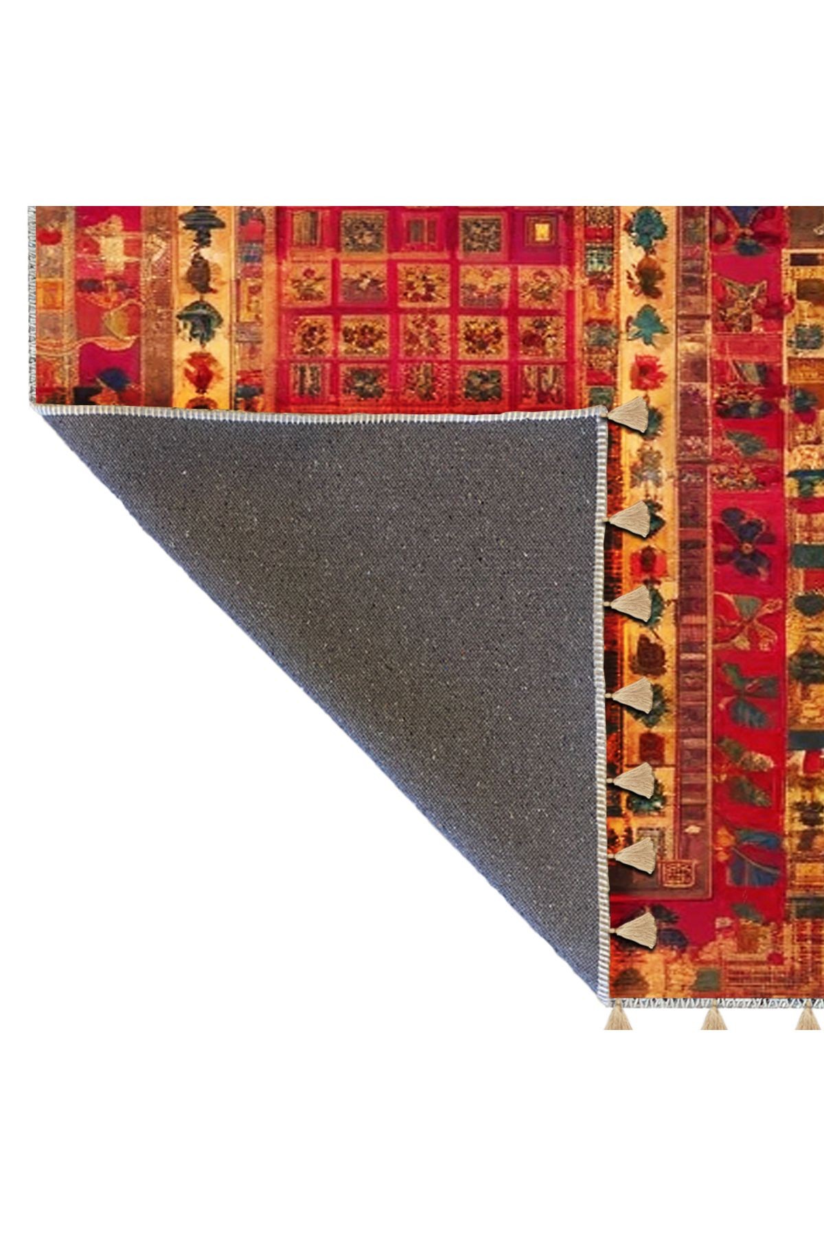 Royal Sıralı Soyut Şekiller Desenli Püskül Detaylı Dokuma Taban Dekoratif Halı royal32