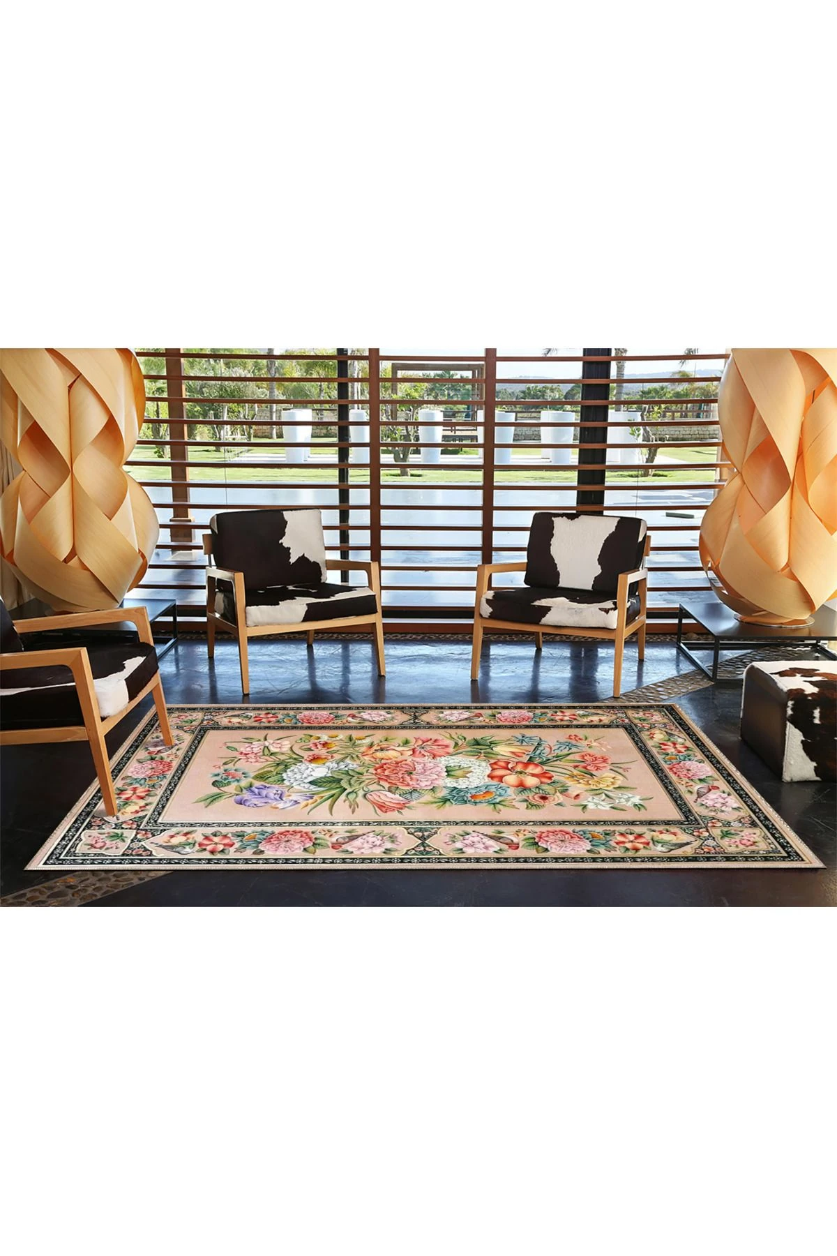 Krem Tonlarında Karışık Renkli Çiçekli Floral Geometrik Modern Dekoratif Halı miravip249