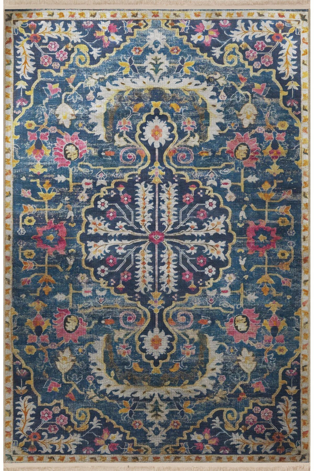 Lacivert Temalı Geleneksel Motif Etnik Çiçek Desenli Kreatif Vintage Dekoratif Halı 2880