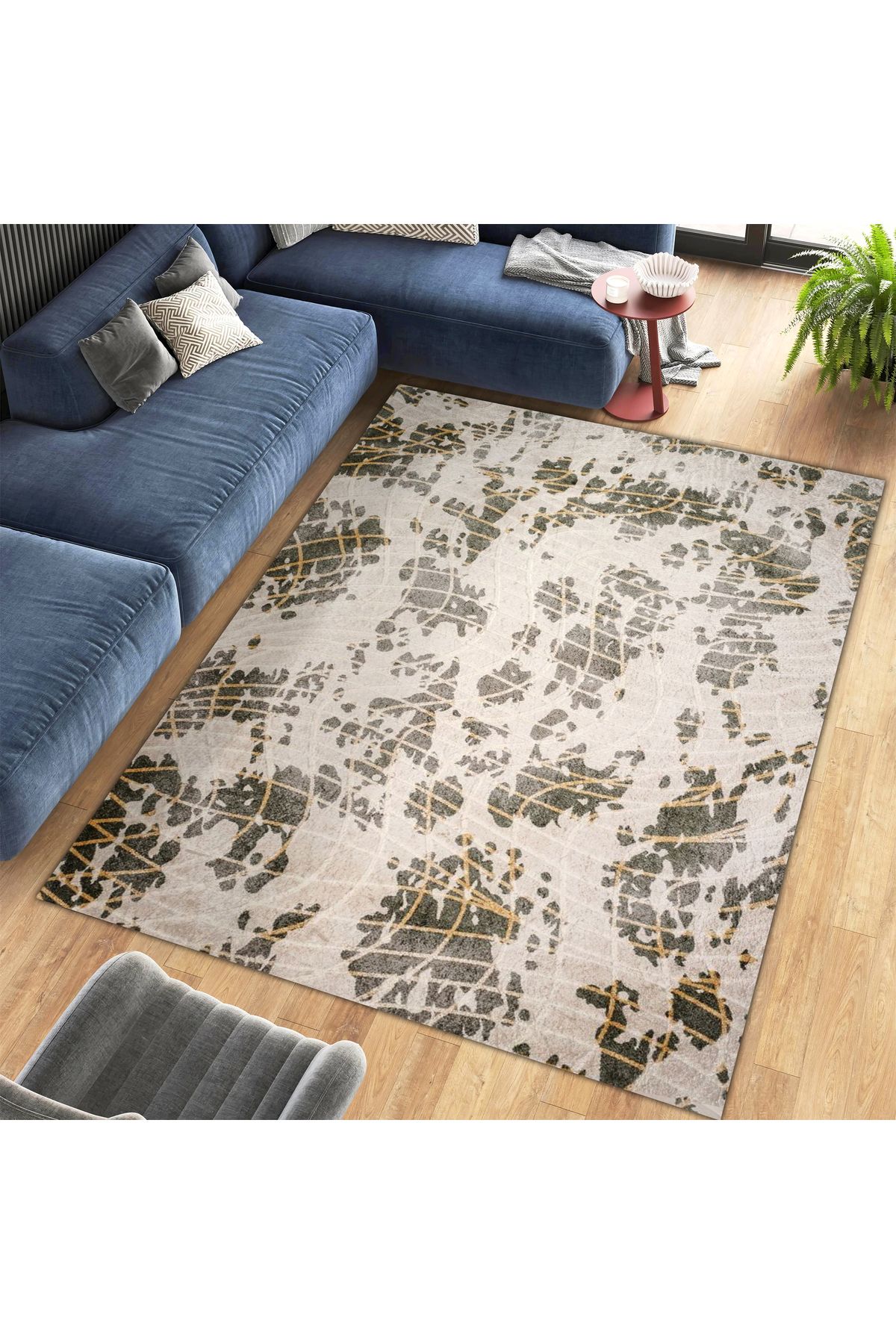 Kuzey Koleksiyonu Sarı Bej Çizgi Desenli Dokuma Taban Dekoratif Halı kuzey15