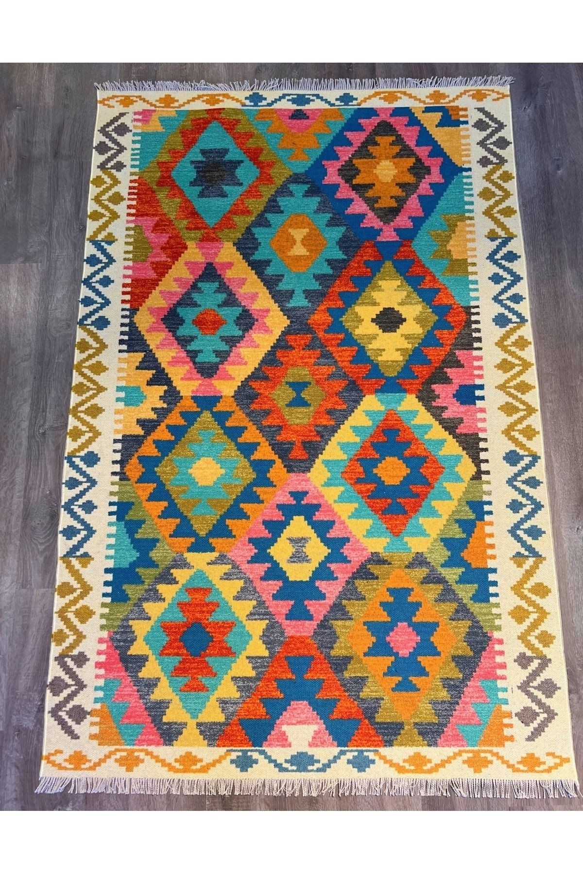 Cotton 562 Etnik Eskitme Desenli Pastel Tonlarda Dokuma Taban Kilim