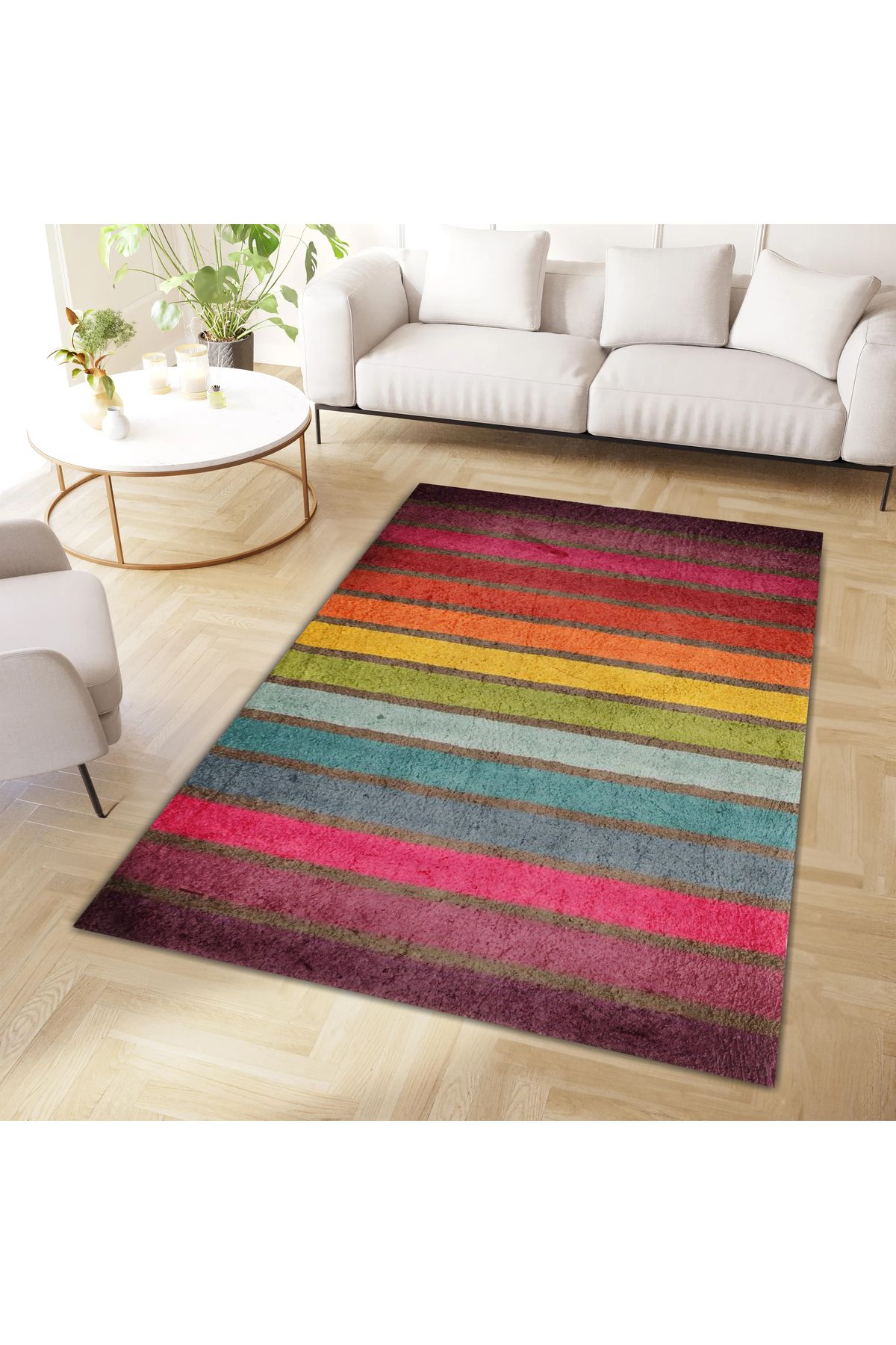 Kuzey Koleksiyonu Çok Renkli Kalın Çizgiler Desenli Dokuma Taban Dekoratif Halı kuzey34