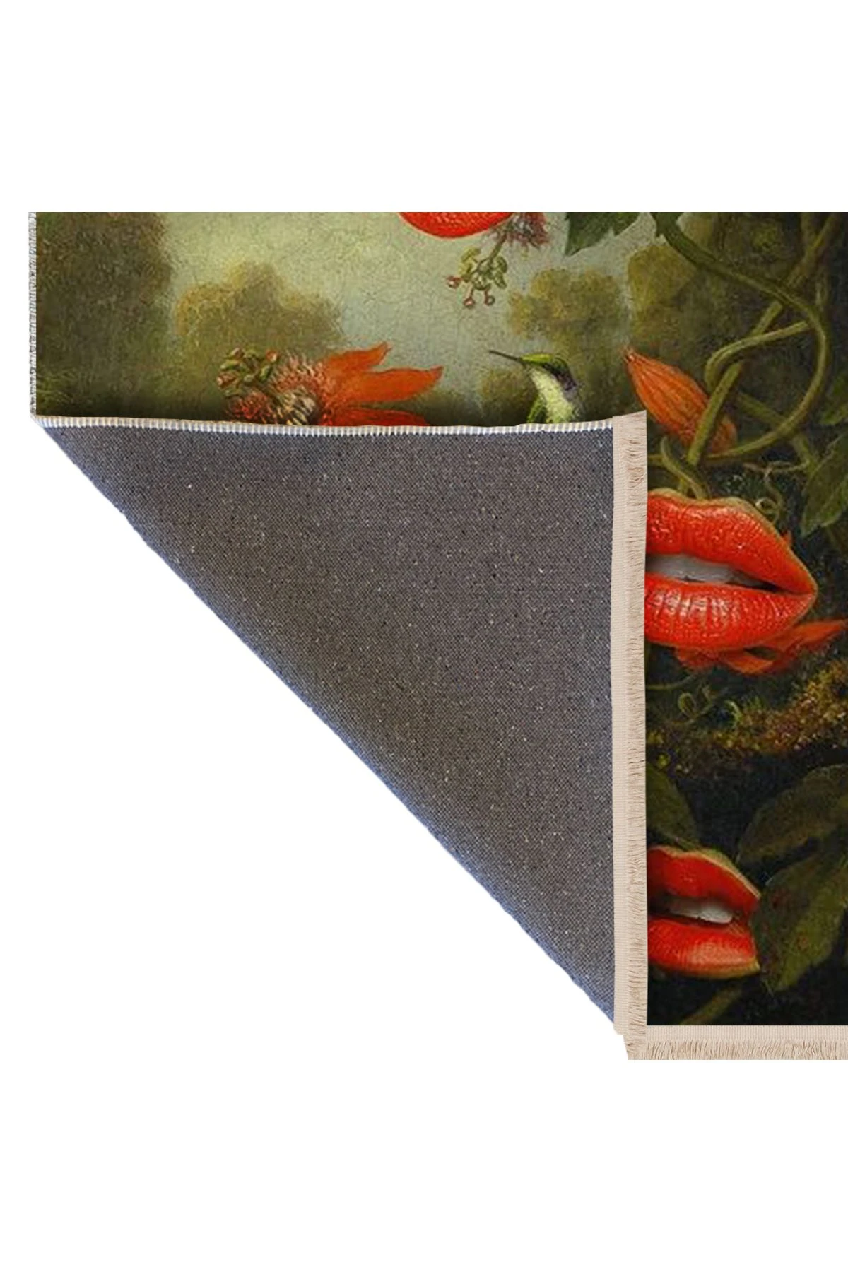 Yılmaz Koleksiyonu Yeşil ve Kırmızı Tonlar Dudak Çiçekleri ve Kuş Desenli Modern Dekoratif Halı 05