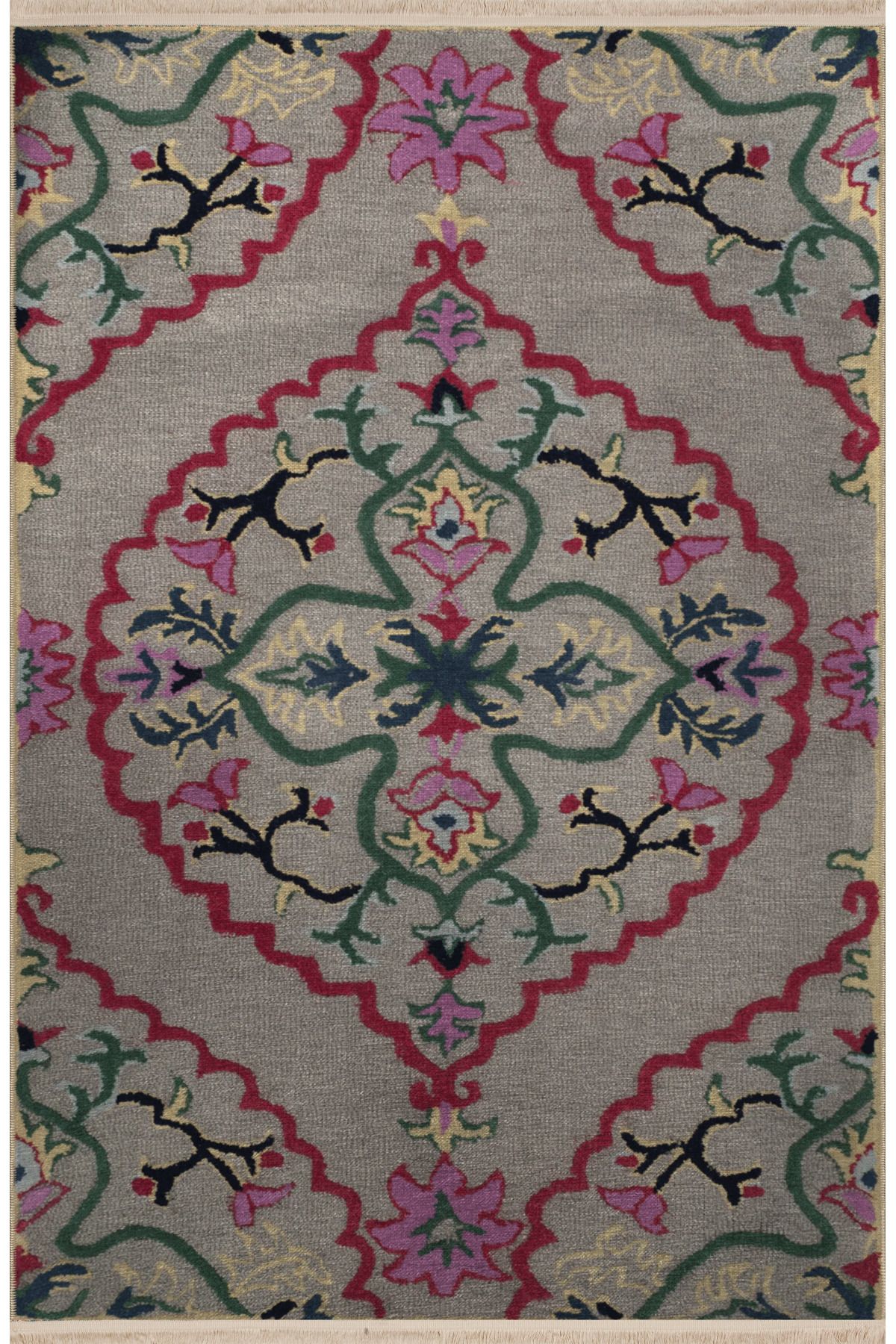 Gri Temalı Çok Renkli Motifli Etnik Çiçek Desenli Saçaklı Vintage Dekoratif Halı 3039