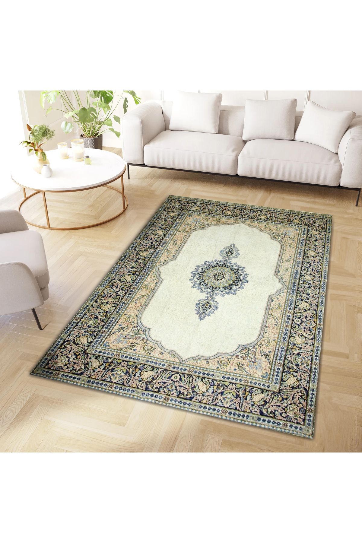 Mete Koleksiyonu Bej ve Beyaz Temalı Geleneksel Motifli Bohem Desenli Vintage Dekoratif Halı 11