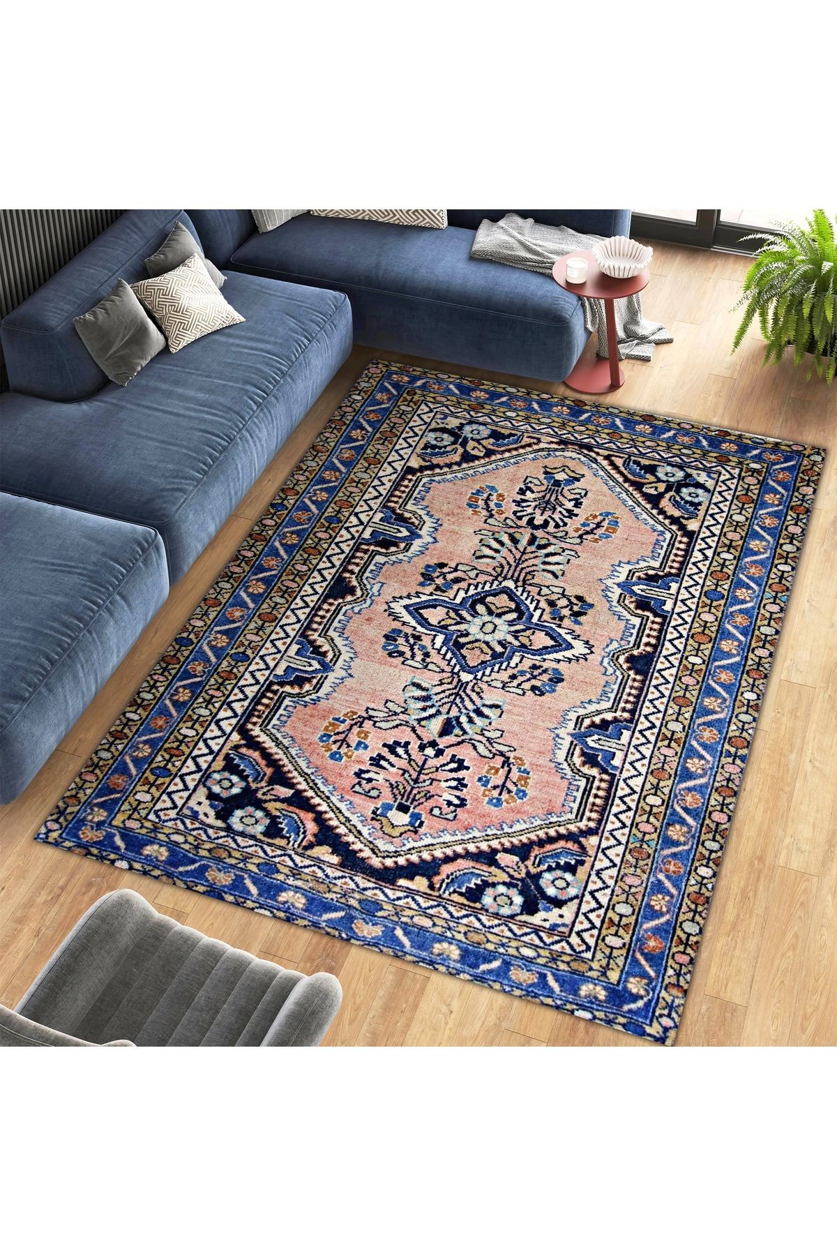 Asena Koleksiyonu Pudra ve Lacivert Temalı Geleneksel Motif Etnik Desenli Vintage Dekoratif Halı 23
