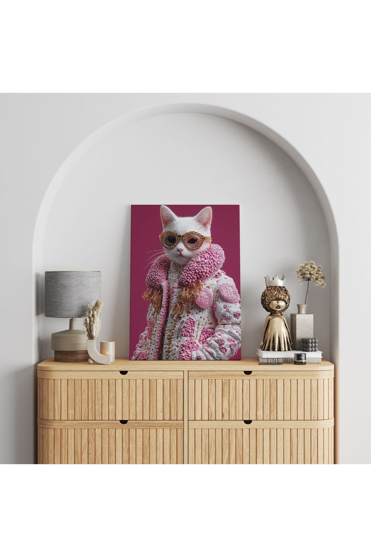 Kanvas Tablo Pembe Temalı Beyaz Süslü Kedi Desenli tablo5005