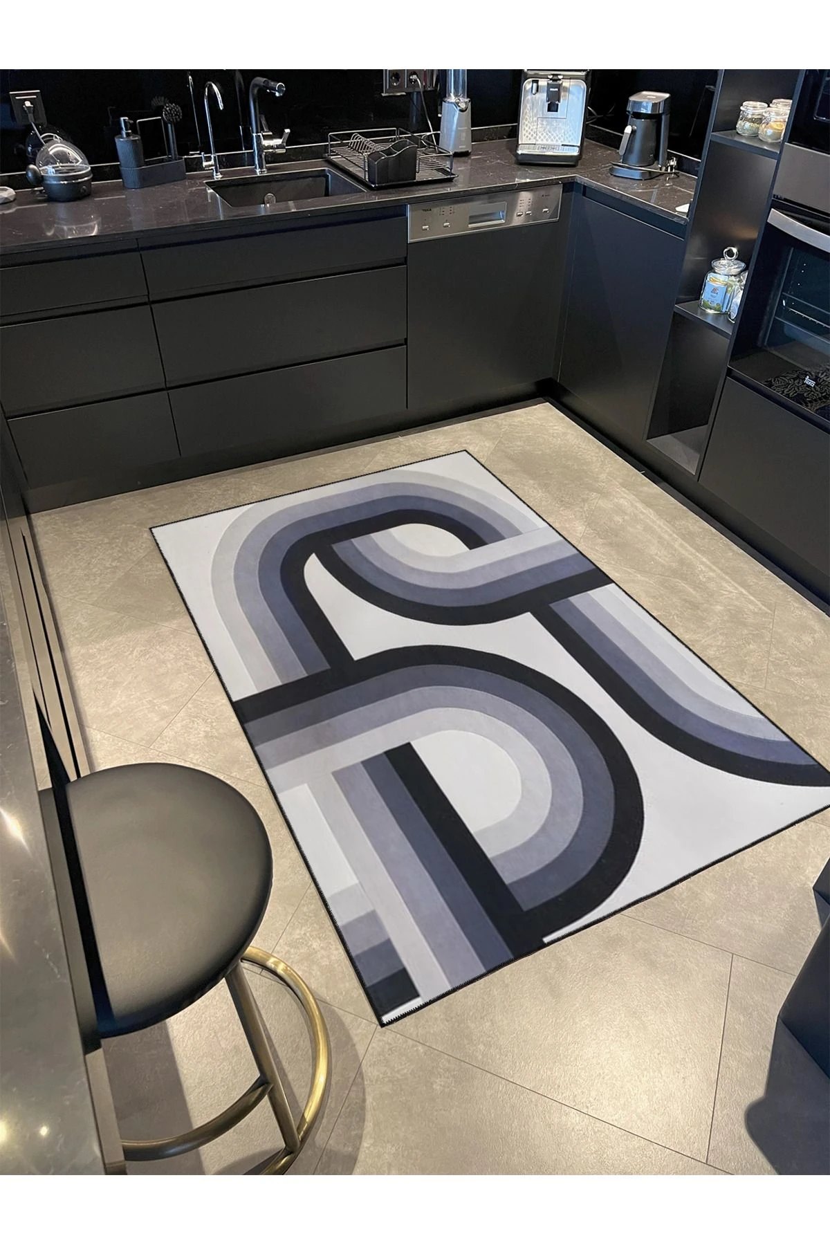 Lacivert Tonlarda Modern Temalı Desenli Dekoratif ve Yıkanabilir Halı miravip9322