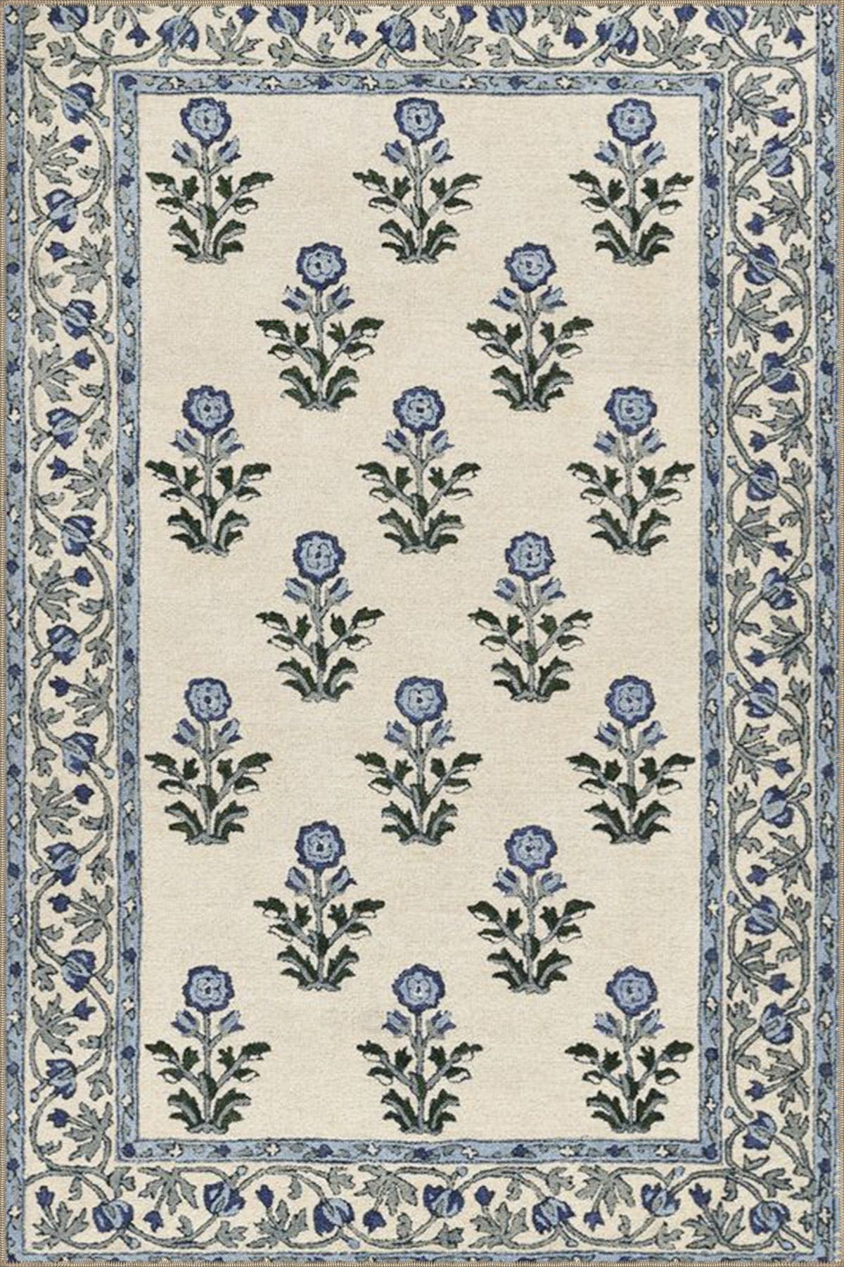 Krem Renklerinde Mavi Buket Temalı Dekoratif Yıkanabilir Halı miravip9035