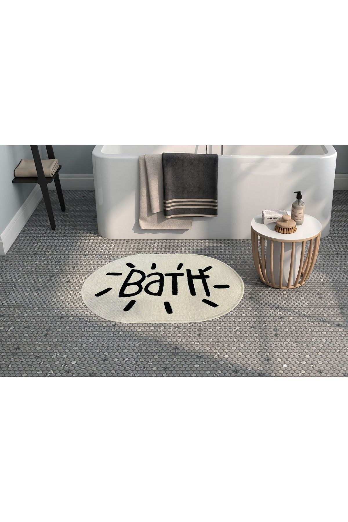 Bath Ekru Oval Siyah Yazılı Dokuma Banyo Paspası 90×57