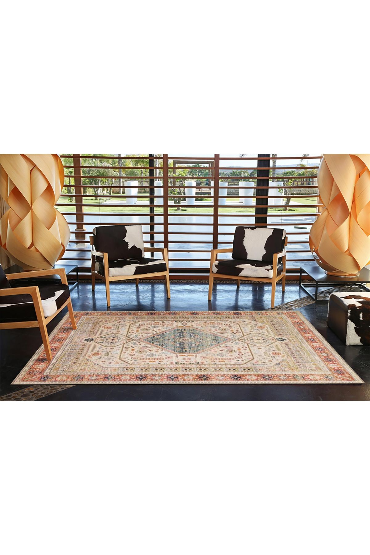 Bej Mavi Temalı Geleneksel Motif Etnik Desenli Vintage Dekoratif Halı 3961