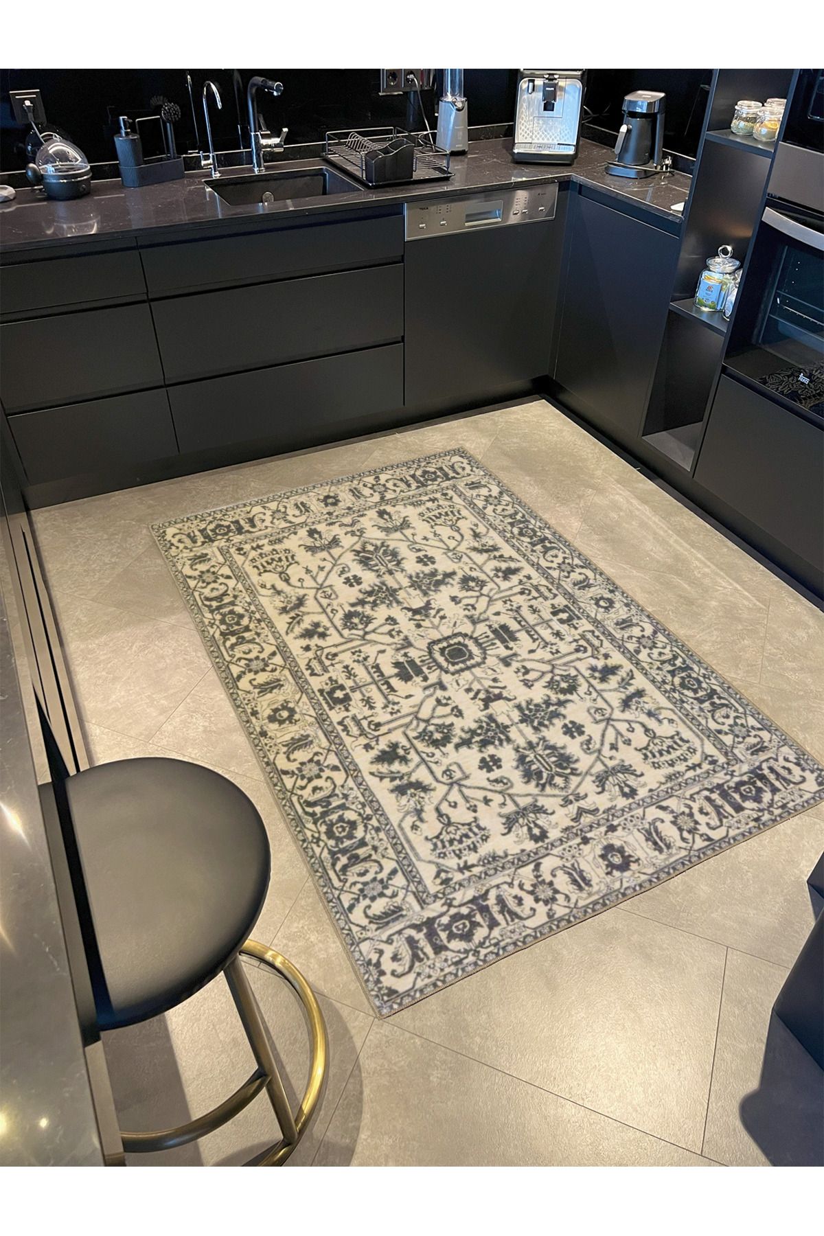 Geometrik Krem Botanik Çiçekli Baklavalı Desenli Dokuma Taban Halı ve Yıkanabilir Halı aloha95