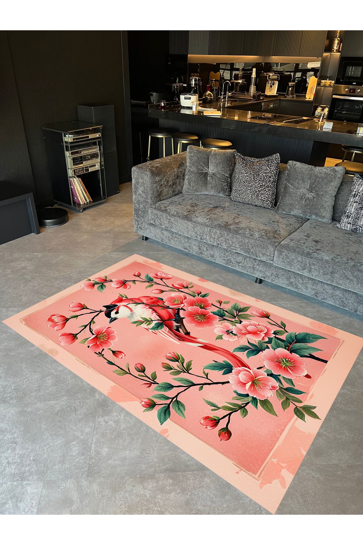 Paris Koleksiyonu Pembe Temalı Sarmaşık Çiçek ve Kuş Desenli Modern Dekoratif Halı 71