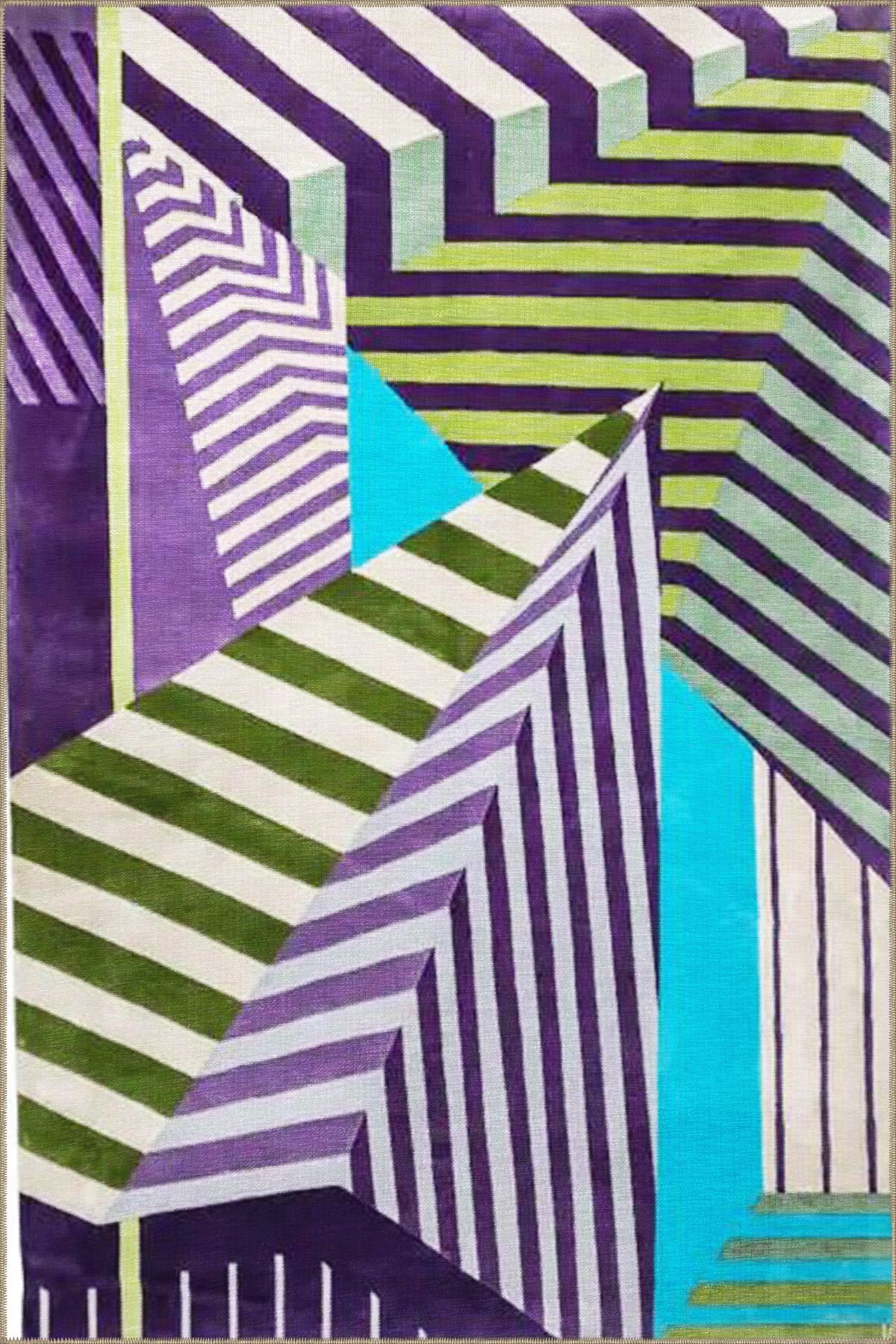 Mor Yeşil Temalı Çizgi Geometrik Desenli Kreatif Modern Dekoratif Halı 3834