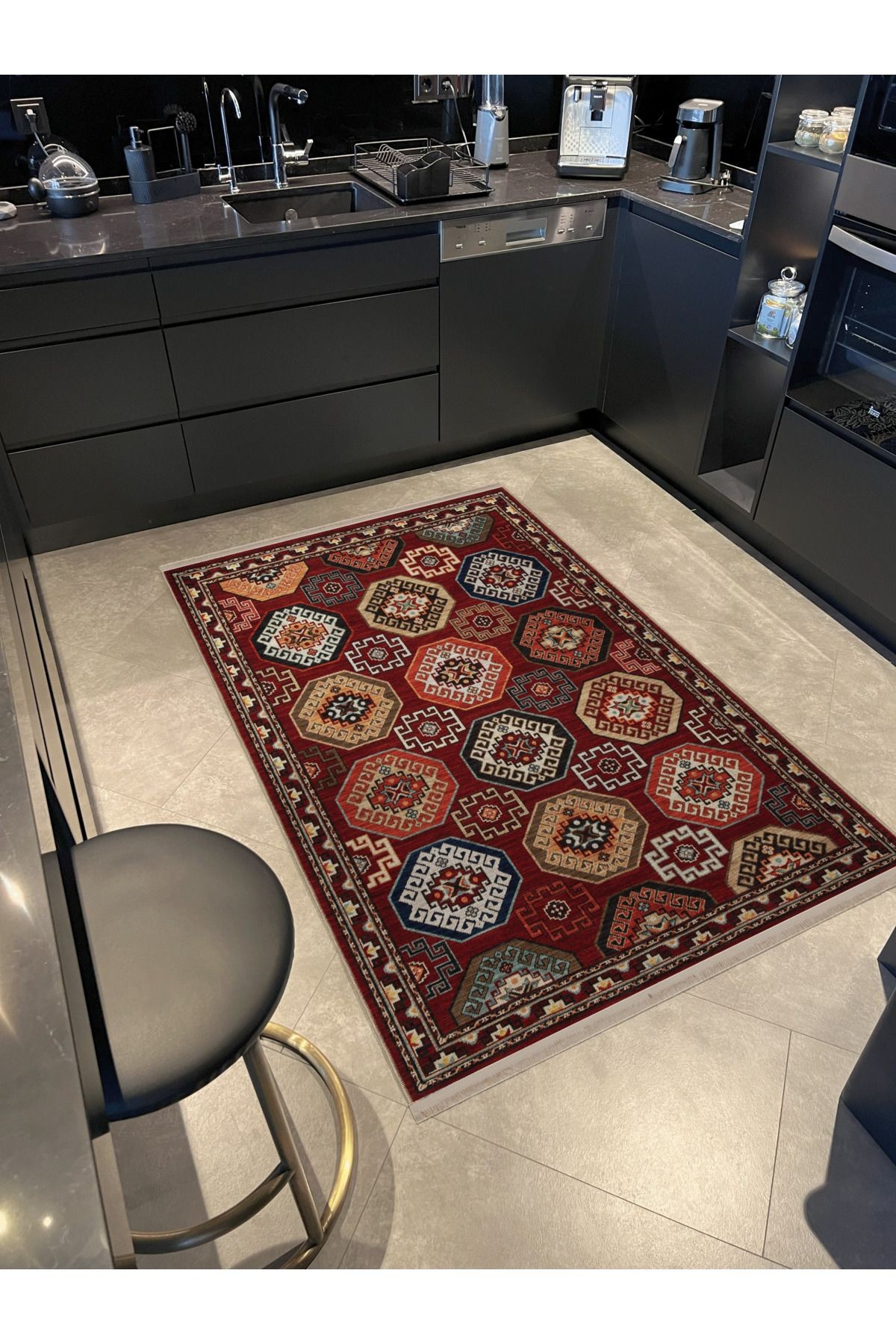 Bordo Temalı Çok Renkli Etnik Geleneksel Motif Desenli Vintage Dekoratif Halı 2766