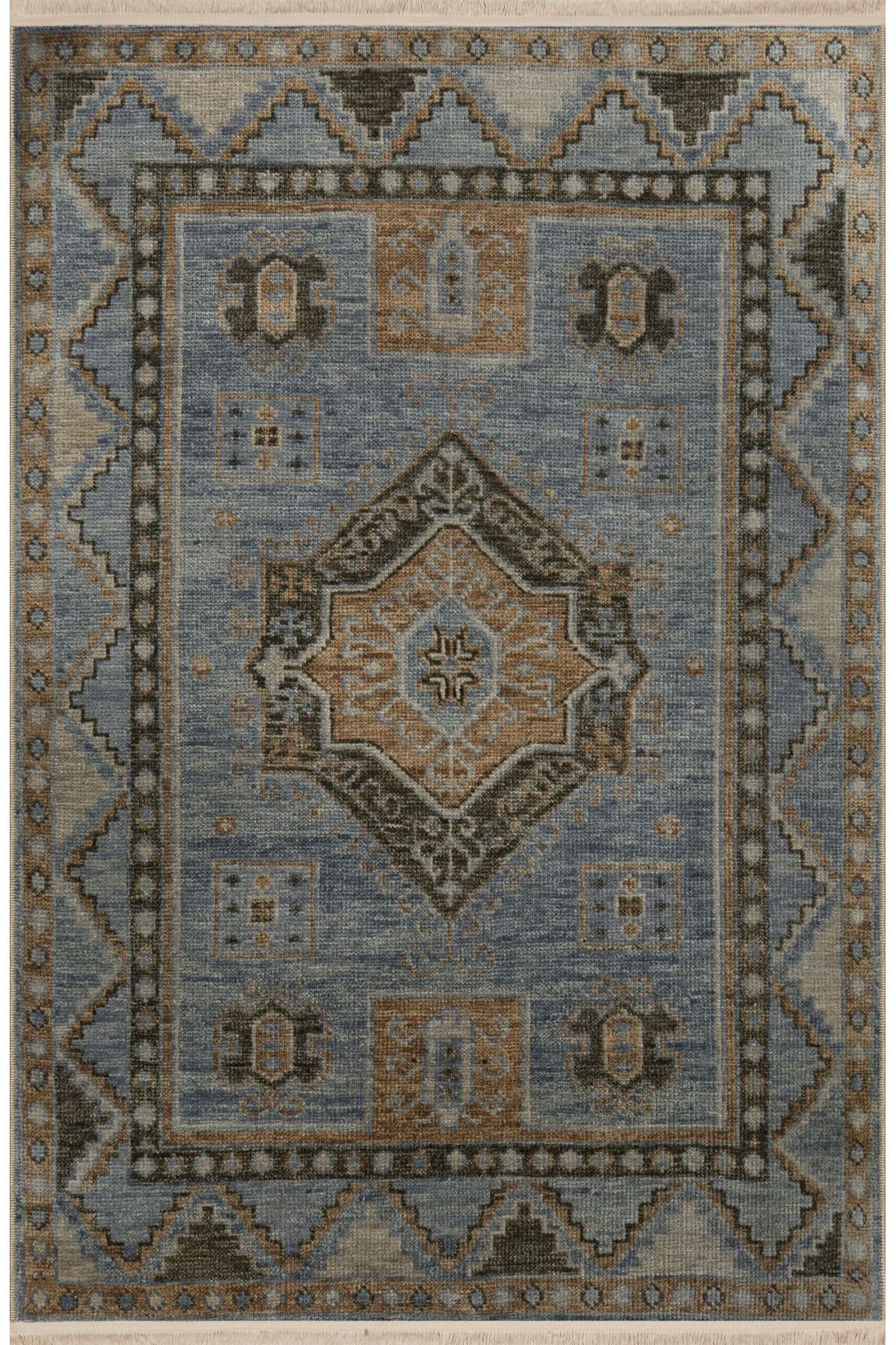 Mavi Turuncu Temalı Geleneksel Motif Etnik Desenli Saçaklı Vintage Dekoratif Halı 3153