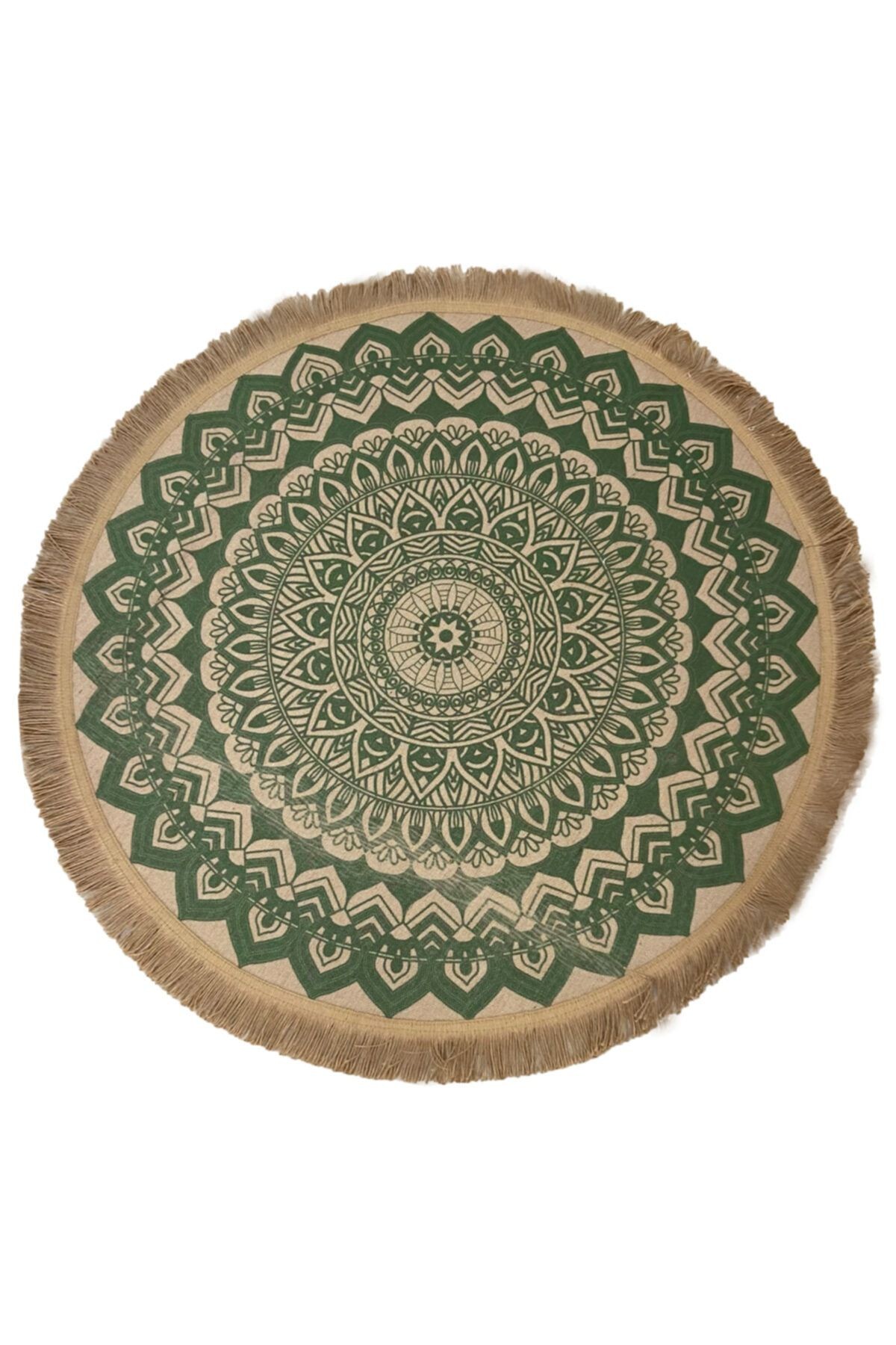 Jüt Marakesh Kilim 5007 Yeşil Renk Baskılı Yuvarlak Püsküllü Jüt Kilim