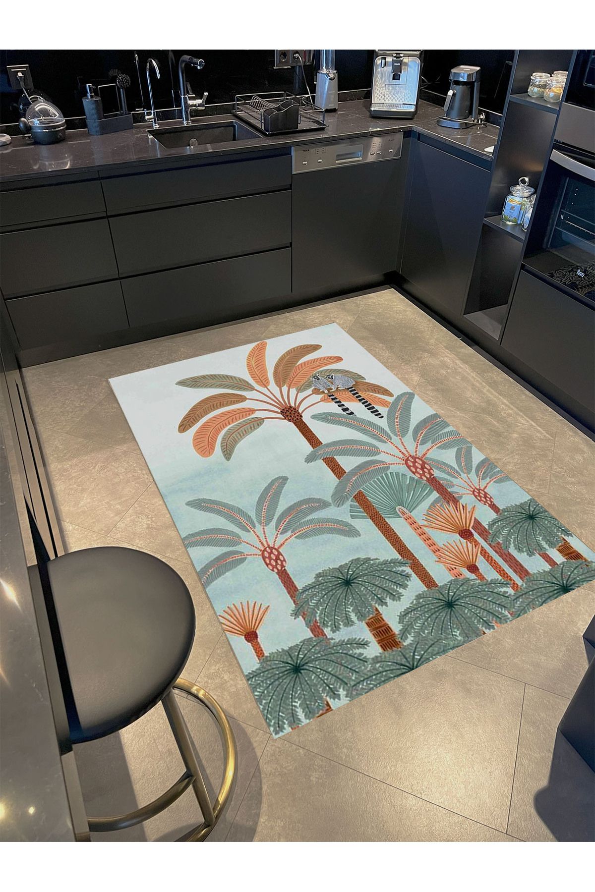 Kubilay Koleksiyonu Tropikal Palmiye Ağaç ve Maymunlar Desenli Dokuma Taban Modern Dekoratif Halı 05