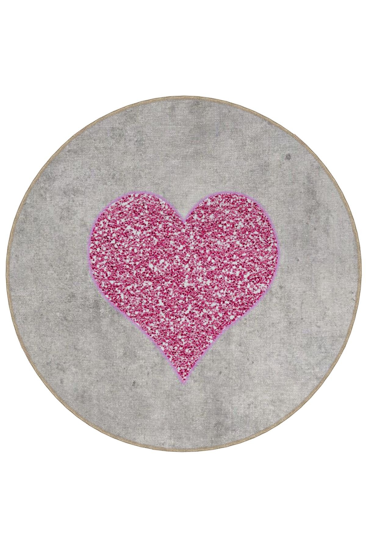 Pembe Gri Temalı Kalp Desenli Yuvarlak Dokuma Taban Modern Dekoratif Halı 6062