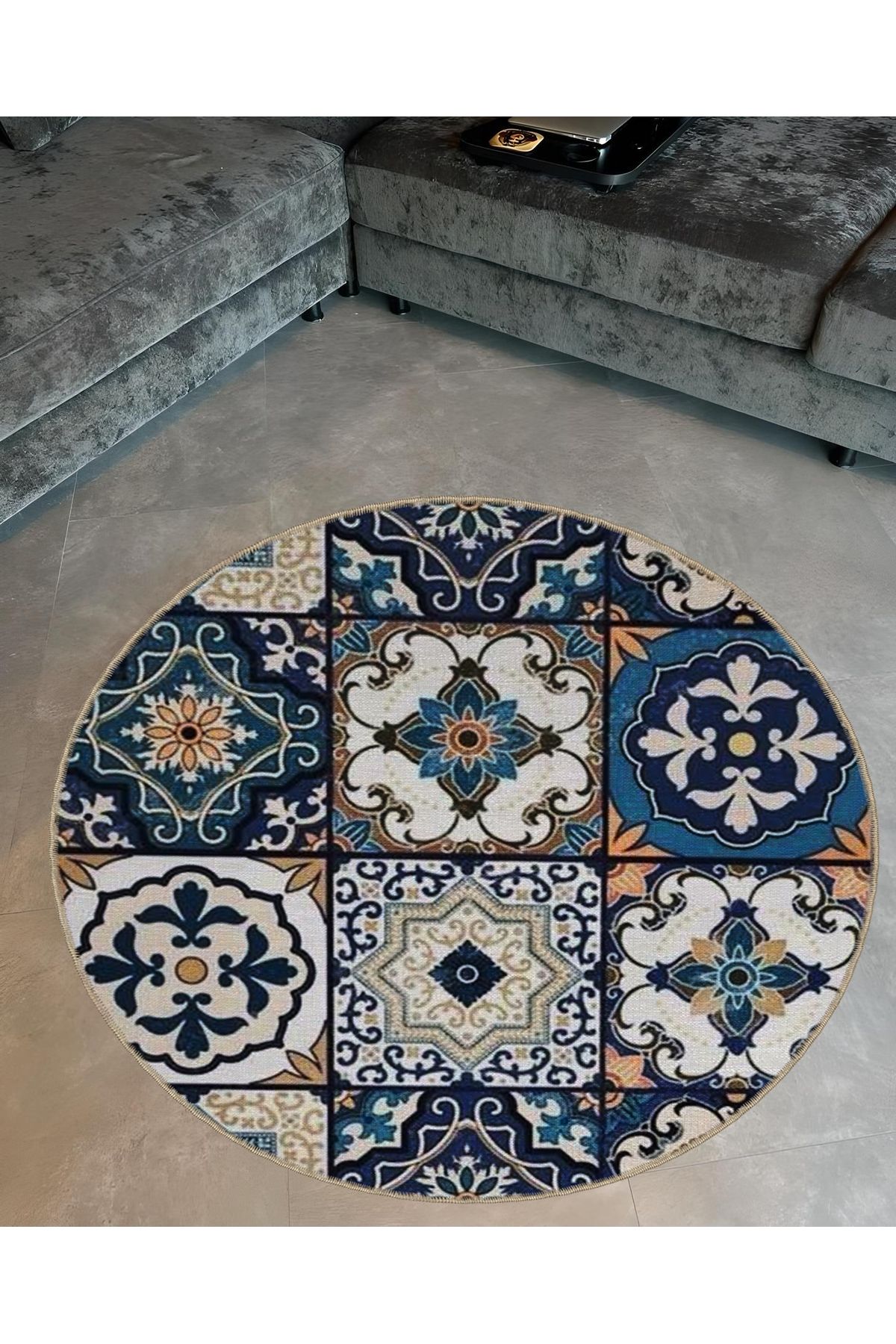 Mira Yuvarlak Mavi Tonlarda Antik Çini Deseni Detaylı Dekoratif Halı 5528