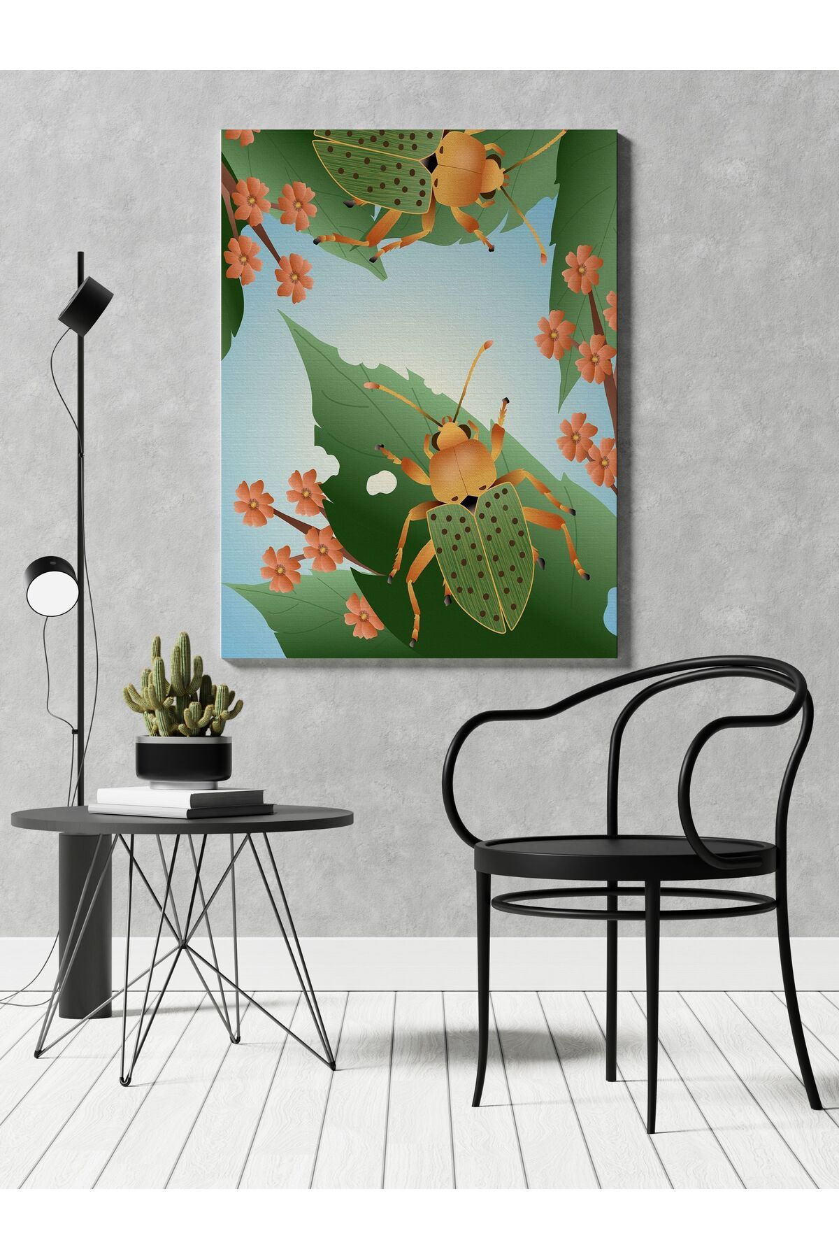 Kanvas Tablo Yapraklı Böcekli Desenli Modern Tablo