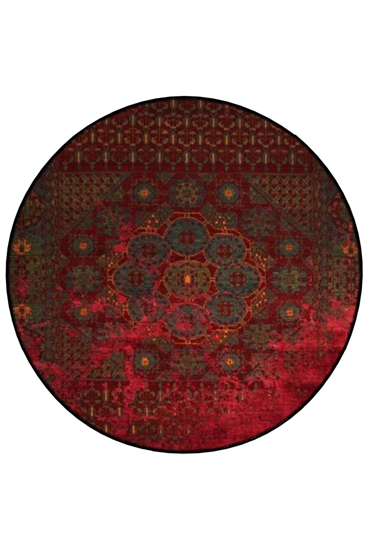 Bordo Temalı Motifli Geleneksel Desenli Yuvarlak Dokuma Taban Vintage Dekoratif Halı 6150