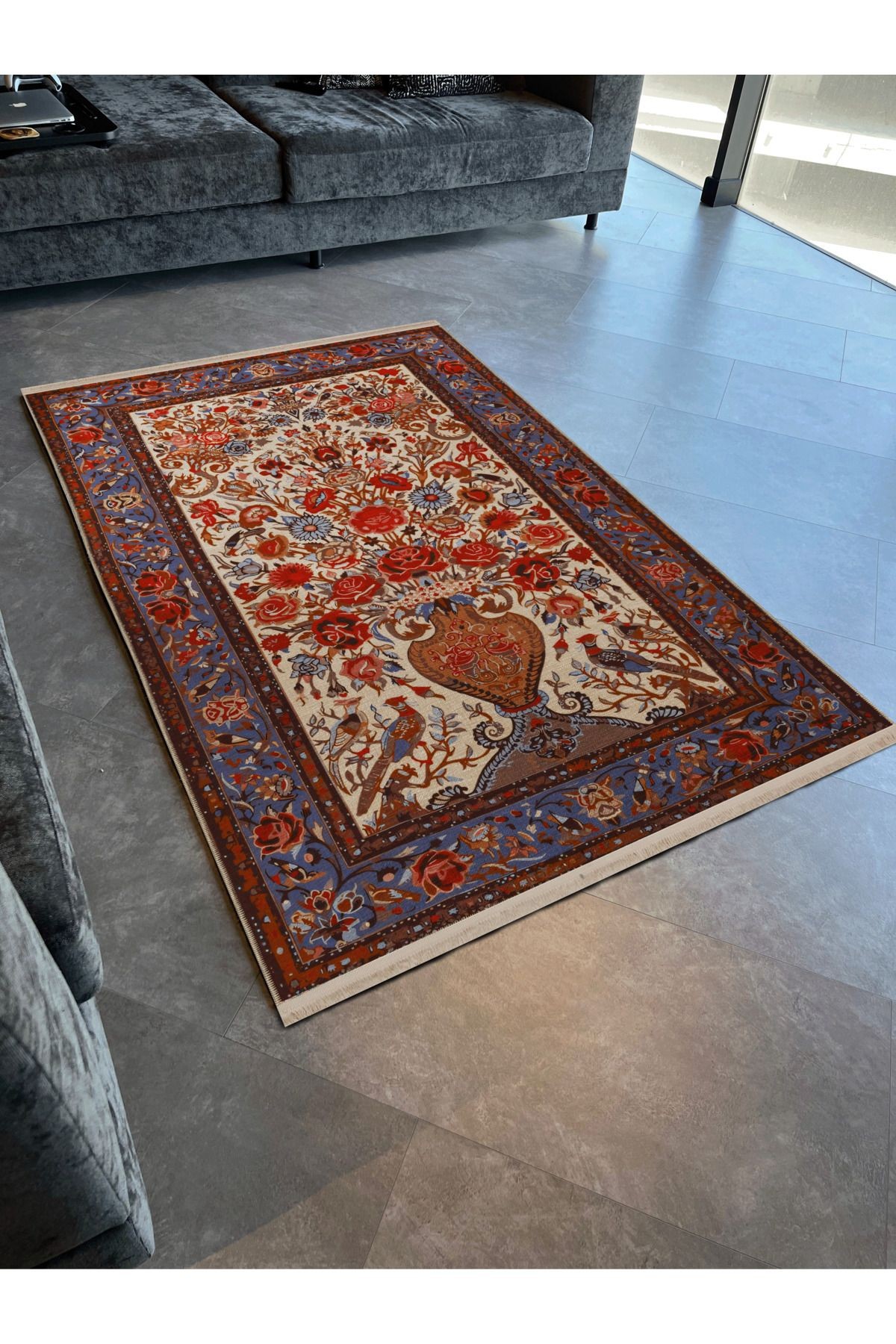 Çok Renkli Geleneksel Motif Etnik Çiçek Desenli Vintage Dekoratif Halı 2586