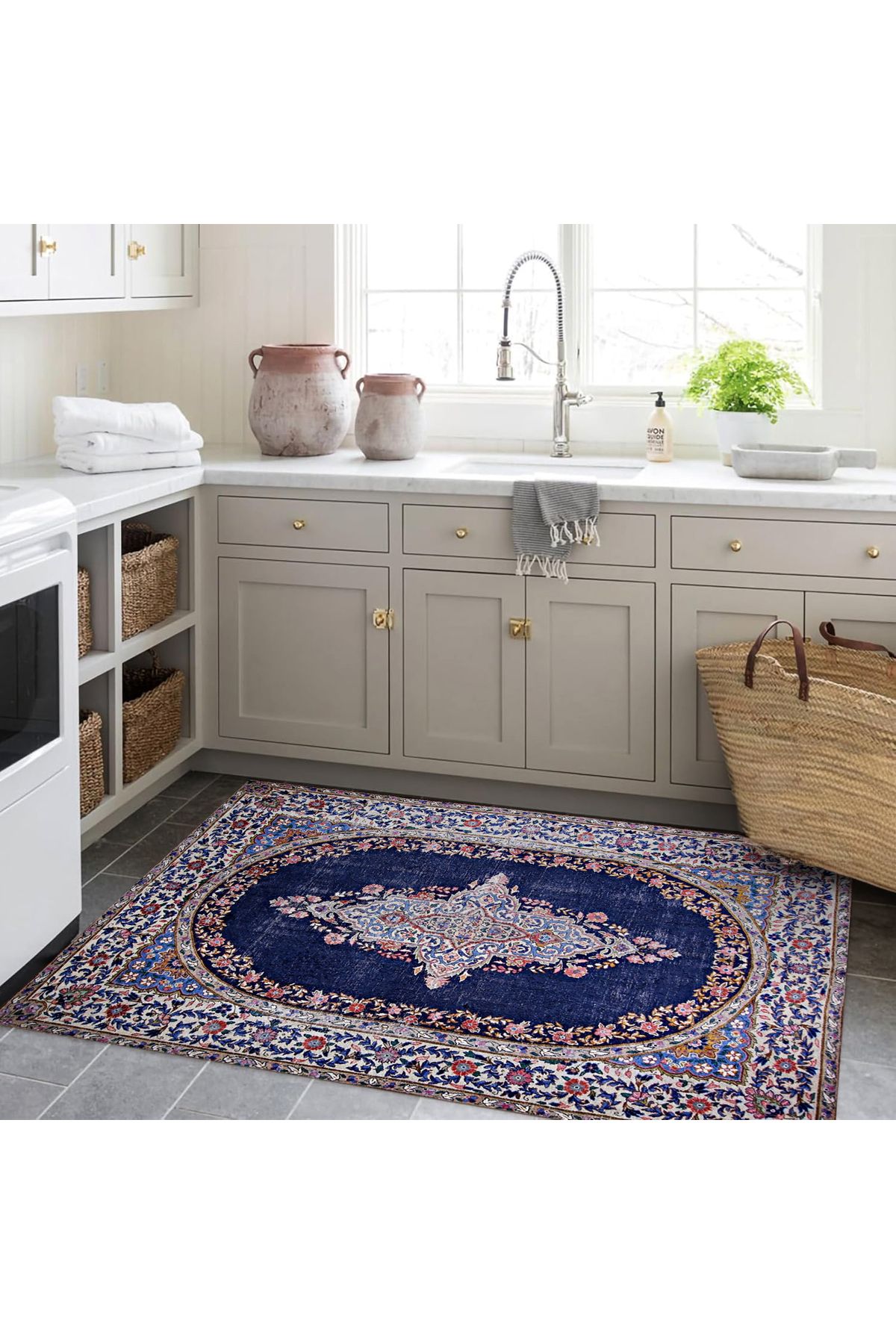 Mete Koleksiyonu Lacivert Temalı Geleneksel Motifli Bohem Tarz Desenli Vintage Dekoratif Halı 13