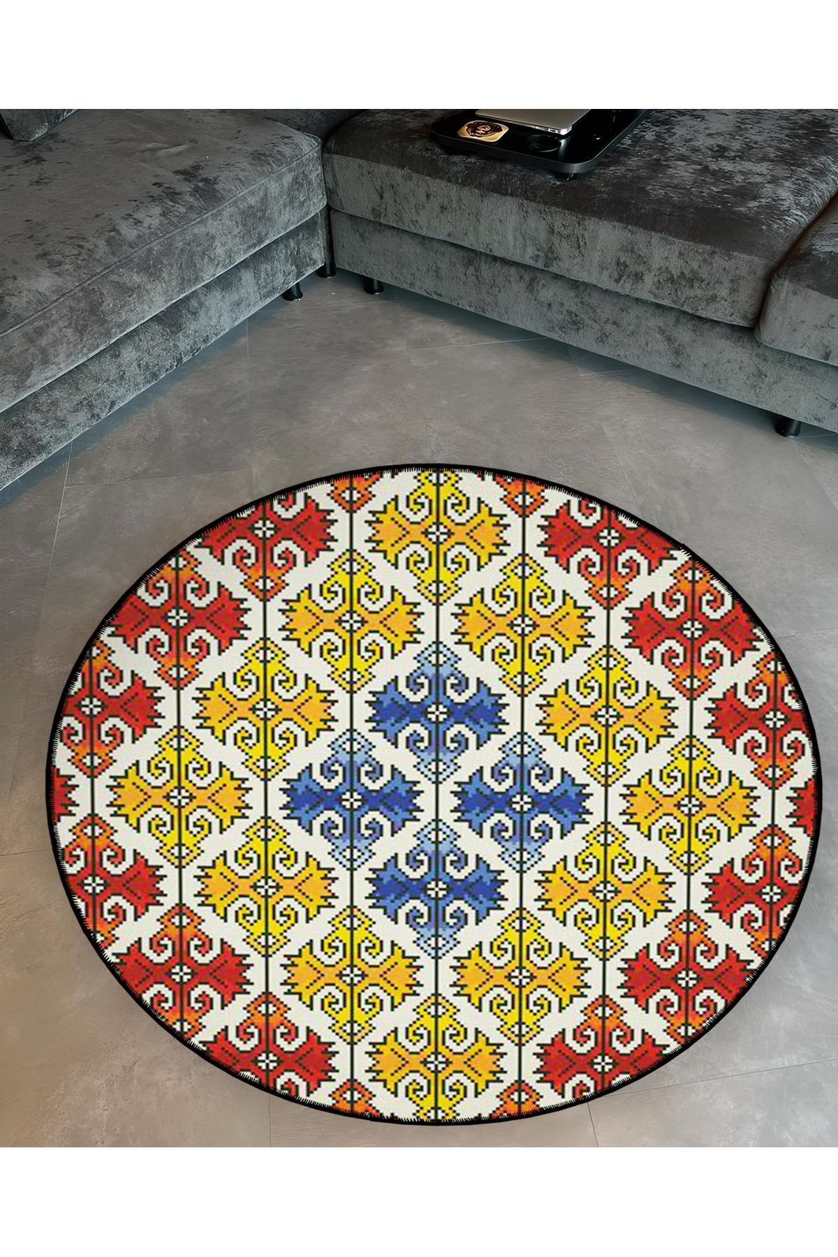 Mira Yuvarlak Sarı Mavi Kırmızı Şekil Detaylı Dokuma Taban Modern Dekoratif Halı 5619