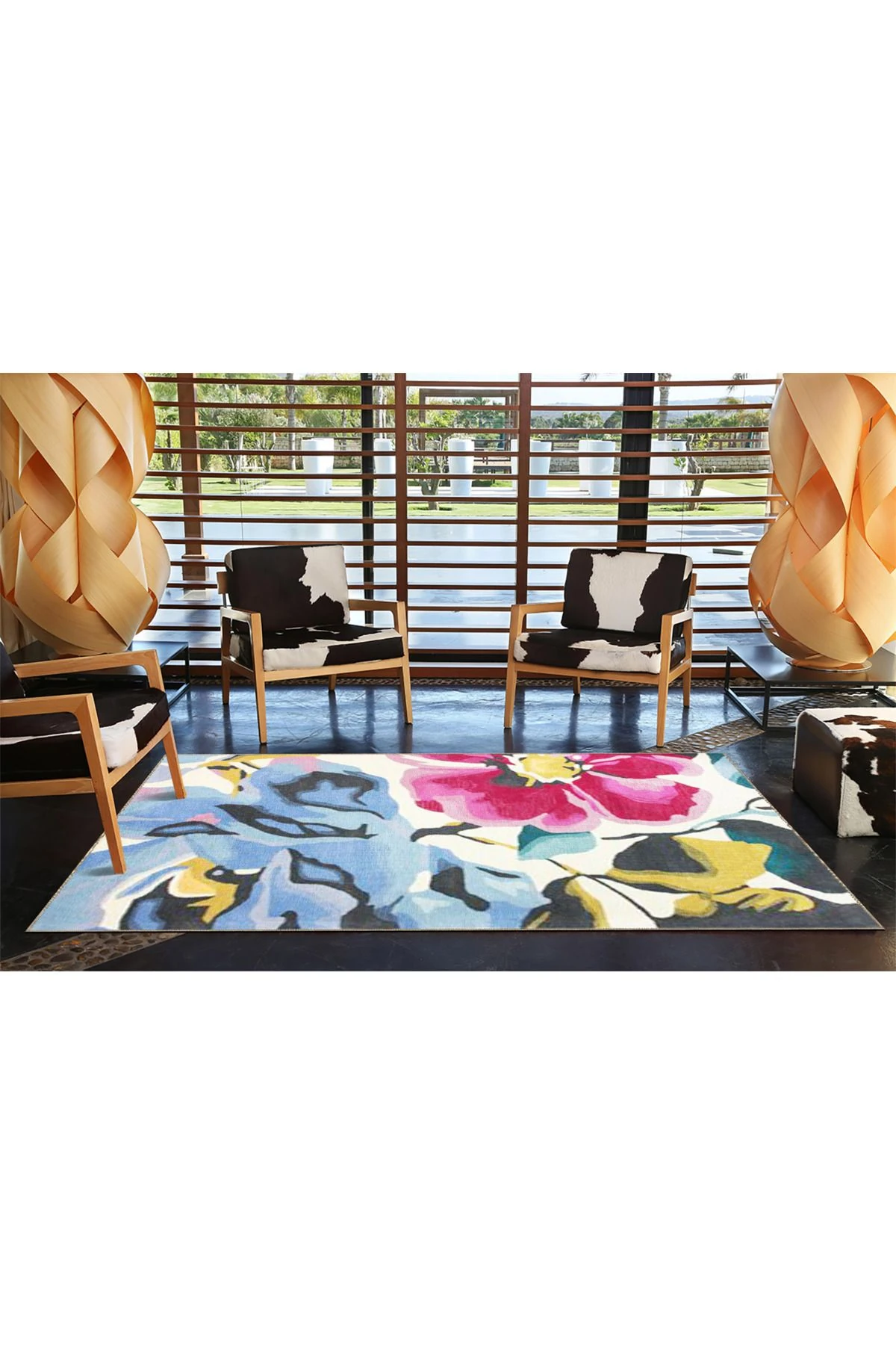 Pembe Mavi Temalı Floral Çiçek Desenli Modern Dekoratif Halı 3508