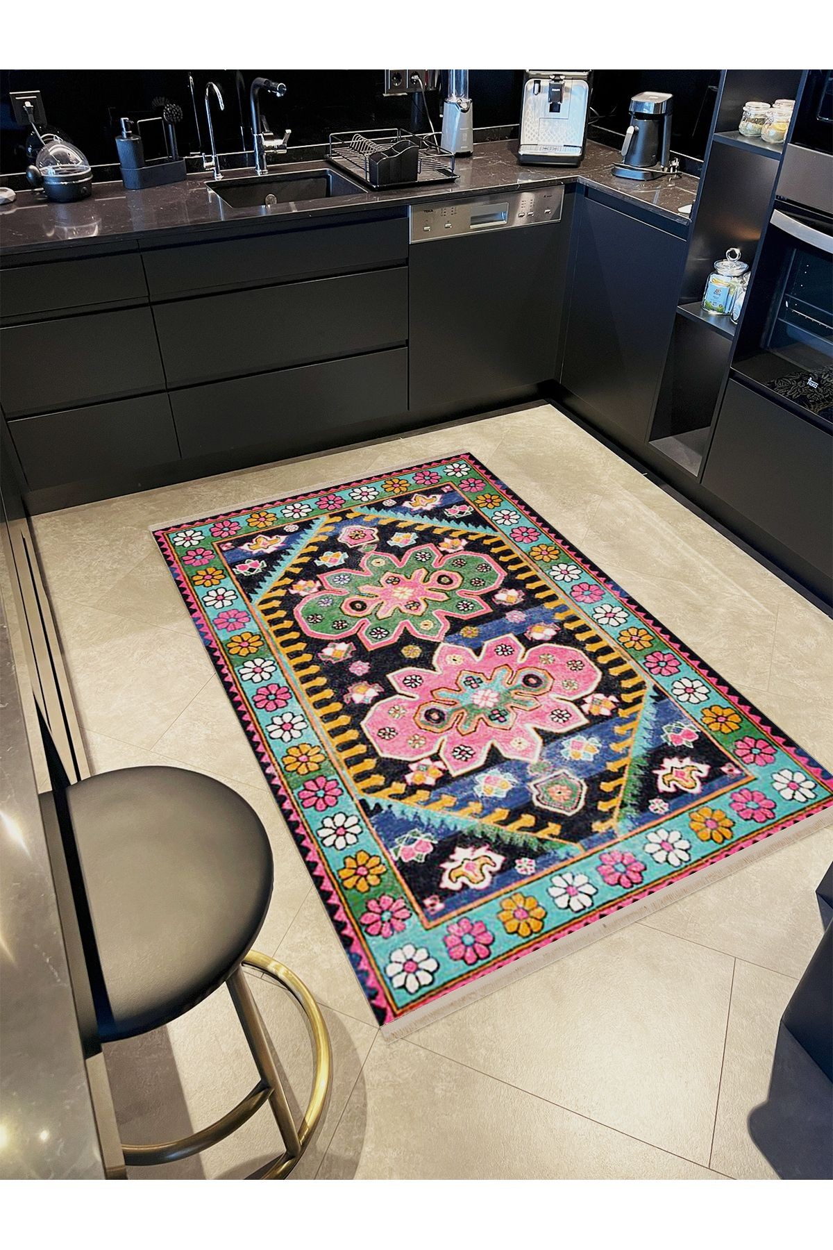 Umay Koleksiyonu Renkli Çiçekli Bordür Detaylı Desenli Dokuma Taban Modern Dekoratif Halı umay47