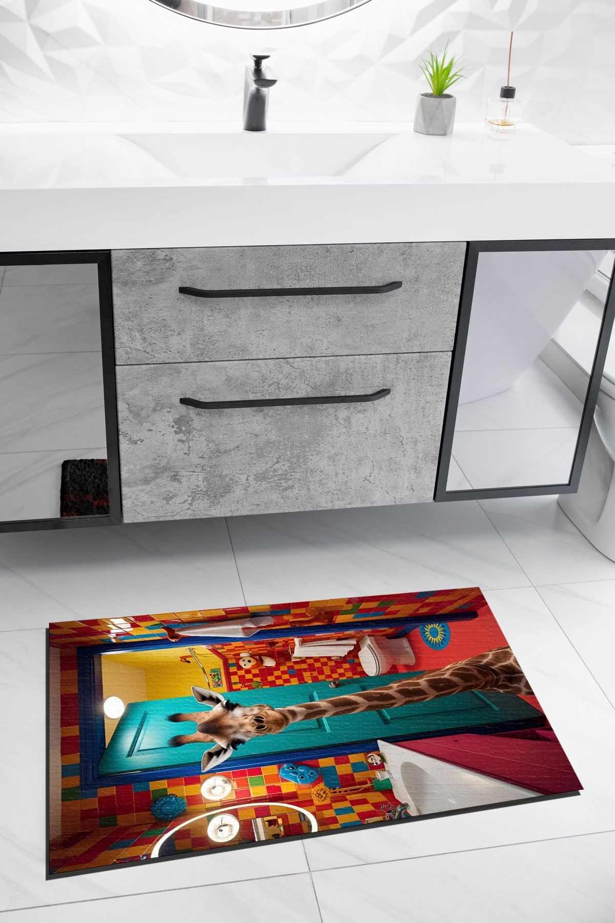 Kemal Koleksiyonu Banyodaki Zürafa Desenli Dokuma Taban Modern Dekoratif Halı 55
