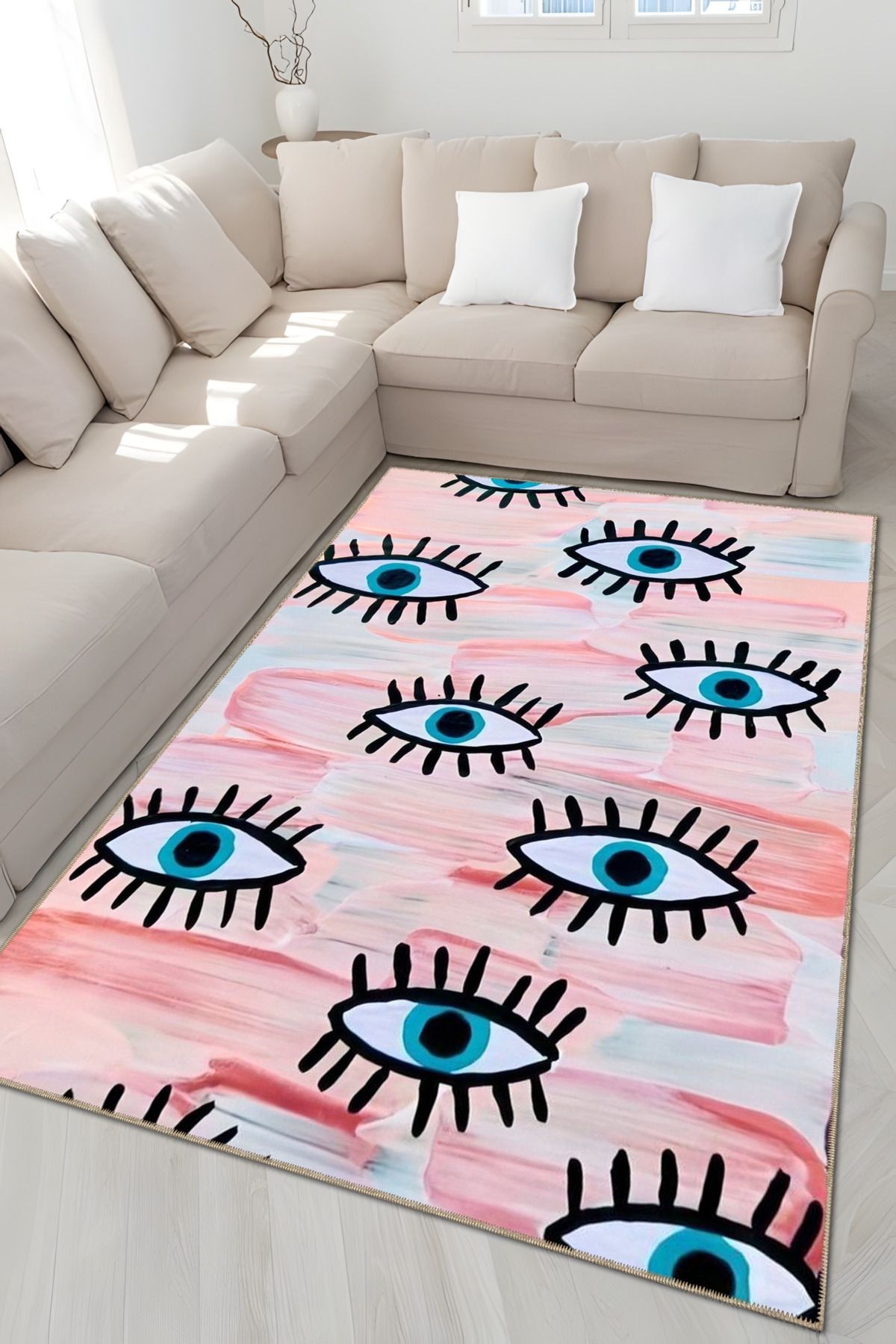 Pudra Pembe Temalı Karma Göz Figürü Desenli Modern Dekoratif Halı 4978
