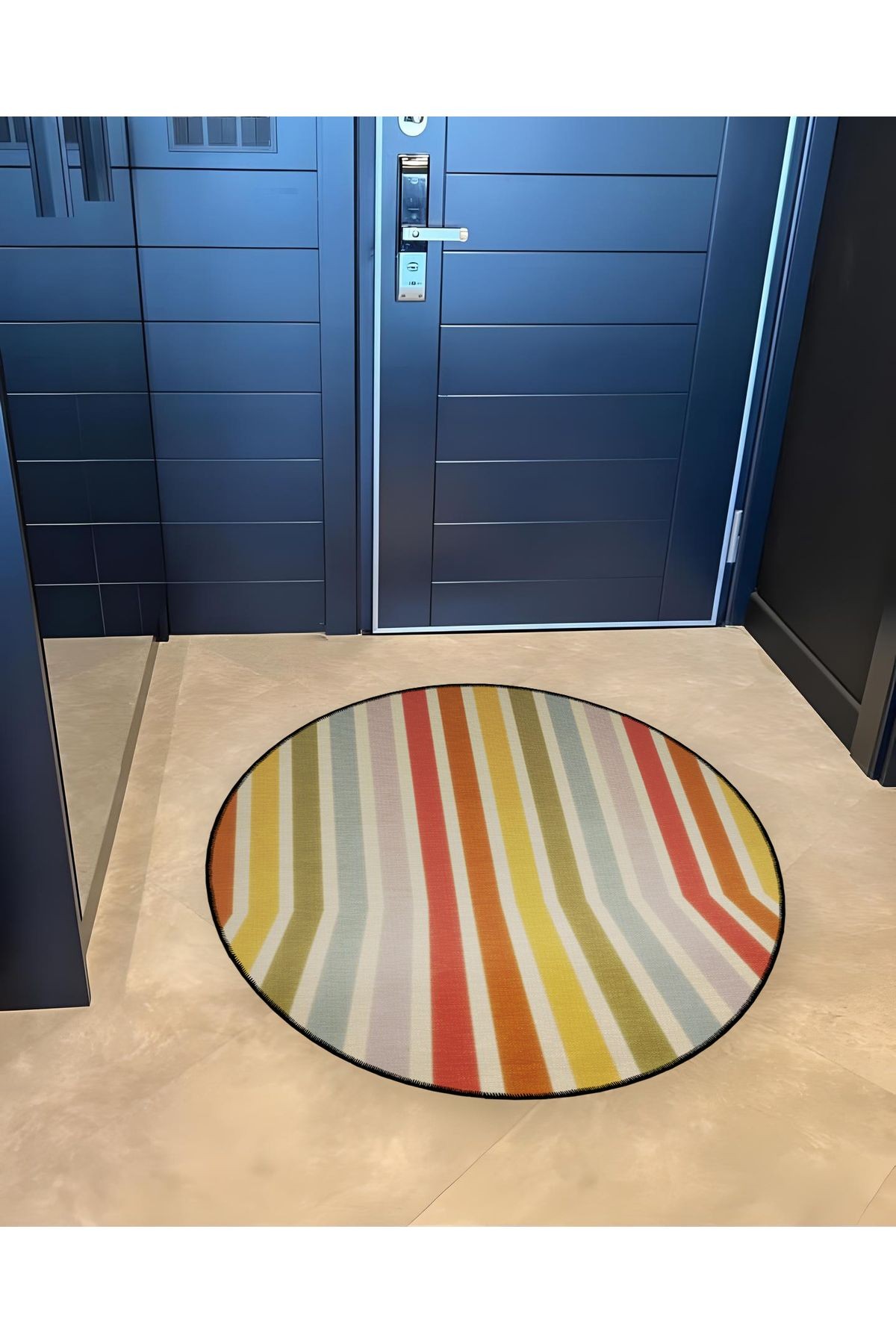 Çok Renkli Çizgili Desenli Yuvarlak Dokuma Taban Modern Dekoratif Halı 6126