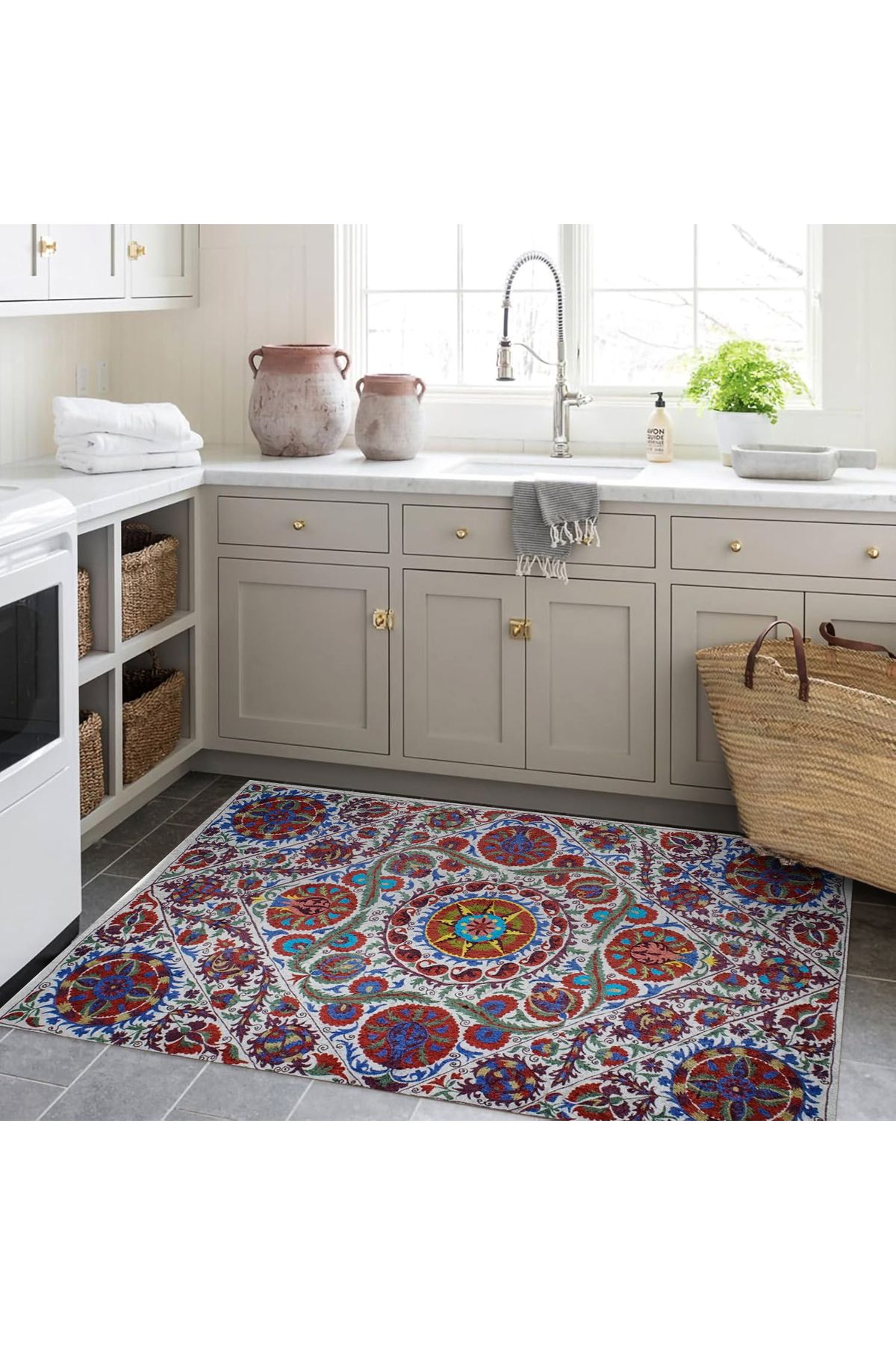 Mete Koleksiyonu Çok Renkli Floral Çiçek Motifleri Desenli Vintage Dekoratif Halı 39